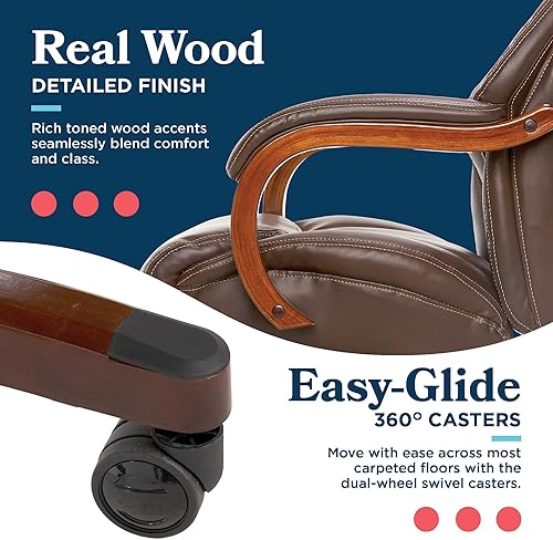 Miniatura 12 de La-Z-Boy Delano Big & Tall Executive Office Chair, Ergonomic Mid-Back Body Pillow Lumbar Support, ComfortCore Memory Foam Cushion, Mahogany Wood