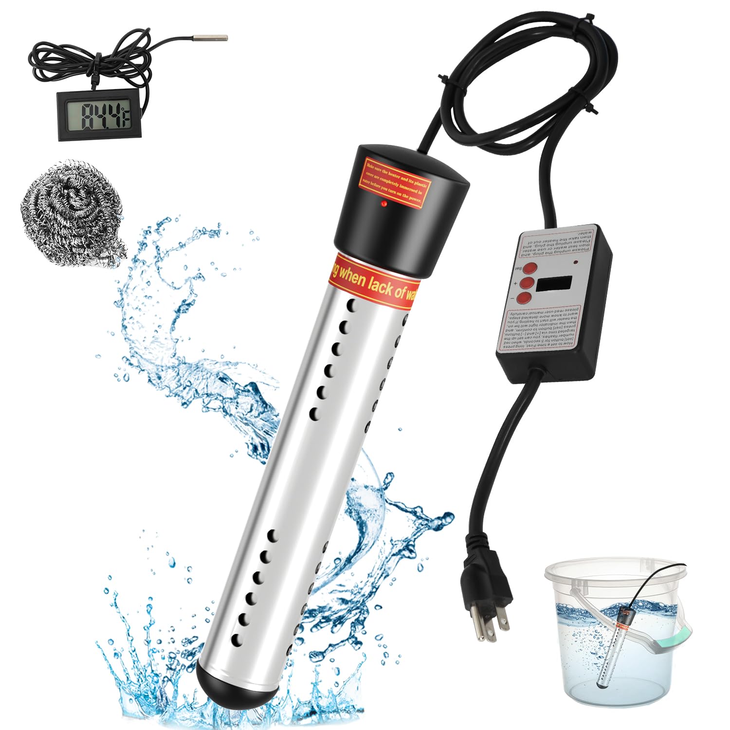 2000W Immersion Water Heater with Digital LCD Thermometer Stainless Steel Guard Bucket Heater Water Heater for Pool Bathtub Inflatable Pool