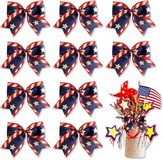 ALIBBON 10 Pcs Patriotic Bows for Wreath, 4th of July Wreath Bows, Diagonal Stripe Star Bows, Wreath Ornaments 4th of July Decor, Decorative Small Burlap Bows for Craft Independence Day Party Supplies