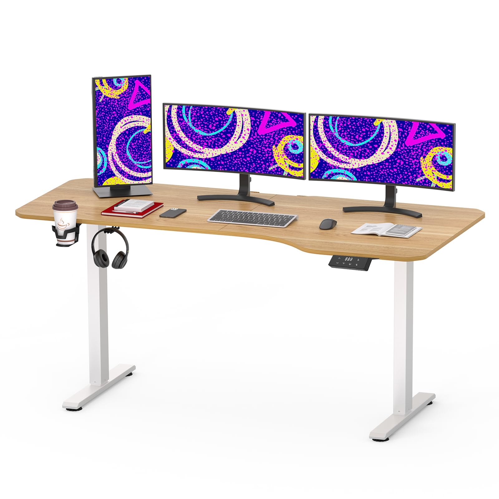 SANODESK QS Escritorio Elevable Eléctrico 160x75 cm, con Controlador de Pantalla Digital y Memoria, Gancho para Auriculares y Soporte para Bebidas, Escritorio Ergonómico para Oficina y Hogar - Arce