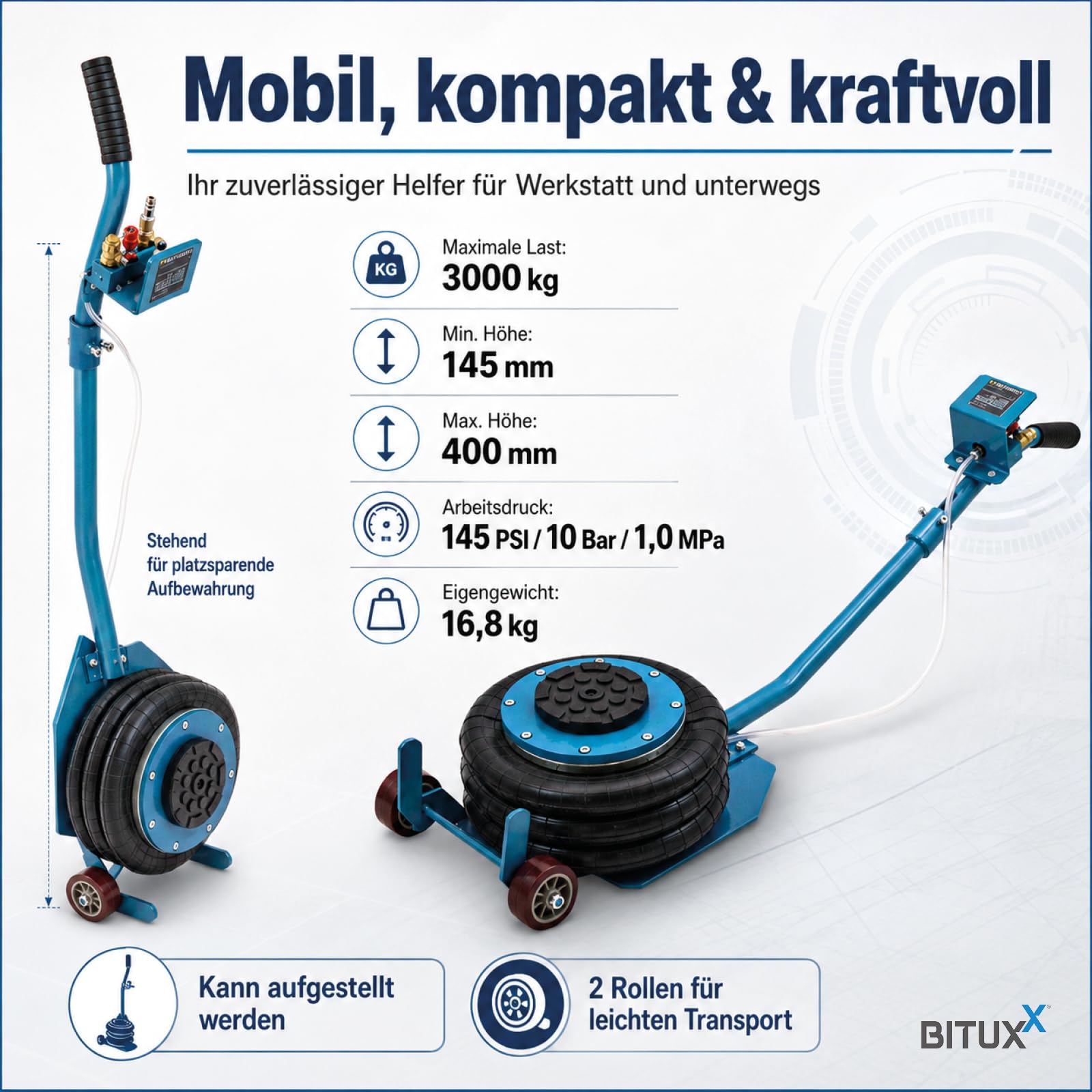 BITUXX® Pneumatischer Wagenheber Druckluftwagenheber Luftkissen Autoheber für KFZ Auto bis 3000Kg 3T