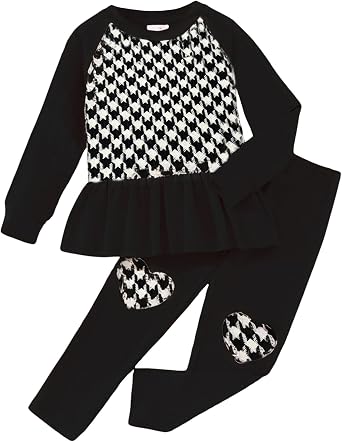 Girls 2 Piece Outfit Long Sleeve Raglan Sleeve Peplum Top Heart Embroidery Pant Set 2-8 Years