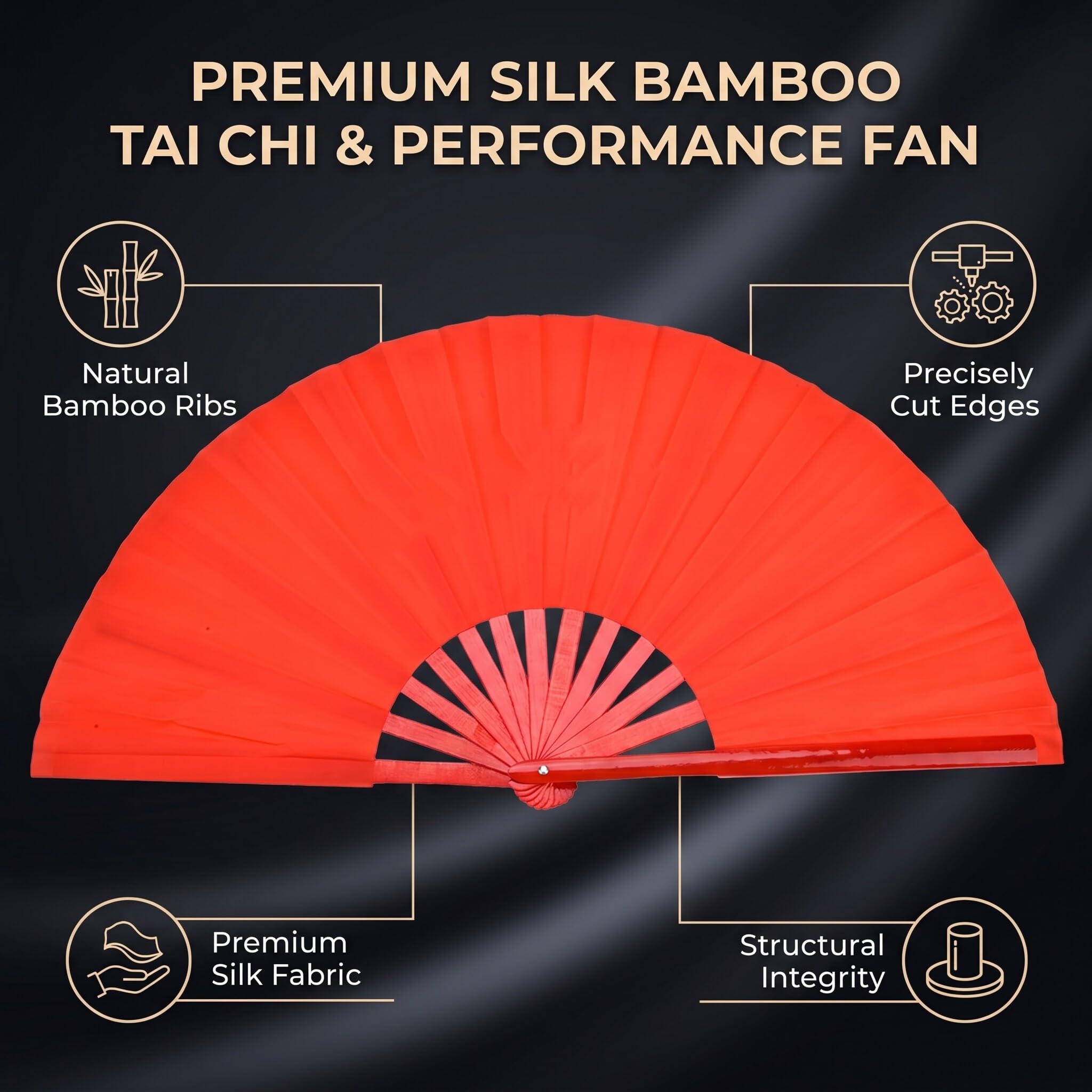 Zerodis Éventail d'arts Martiaux en Bambou Naturel et Soie pour Entraînement et Pratique du Tai Chi et de la Danse avec Mécanisme d'ouverture en Douceur Main Pliante en Soie Rouge (Tige Rouge