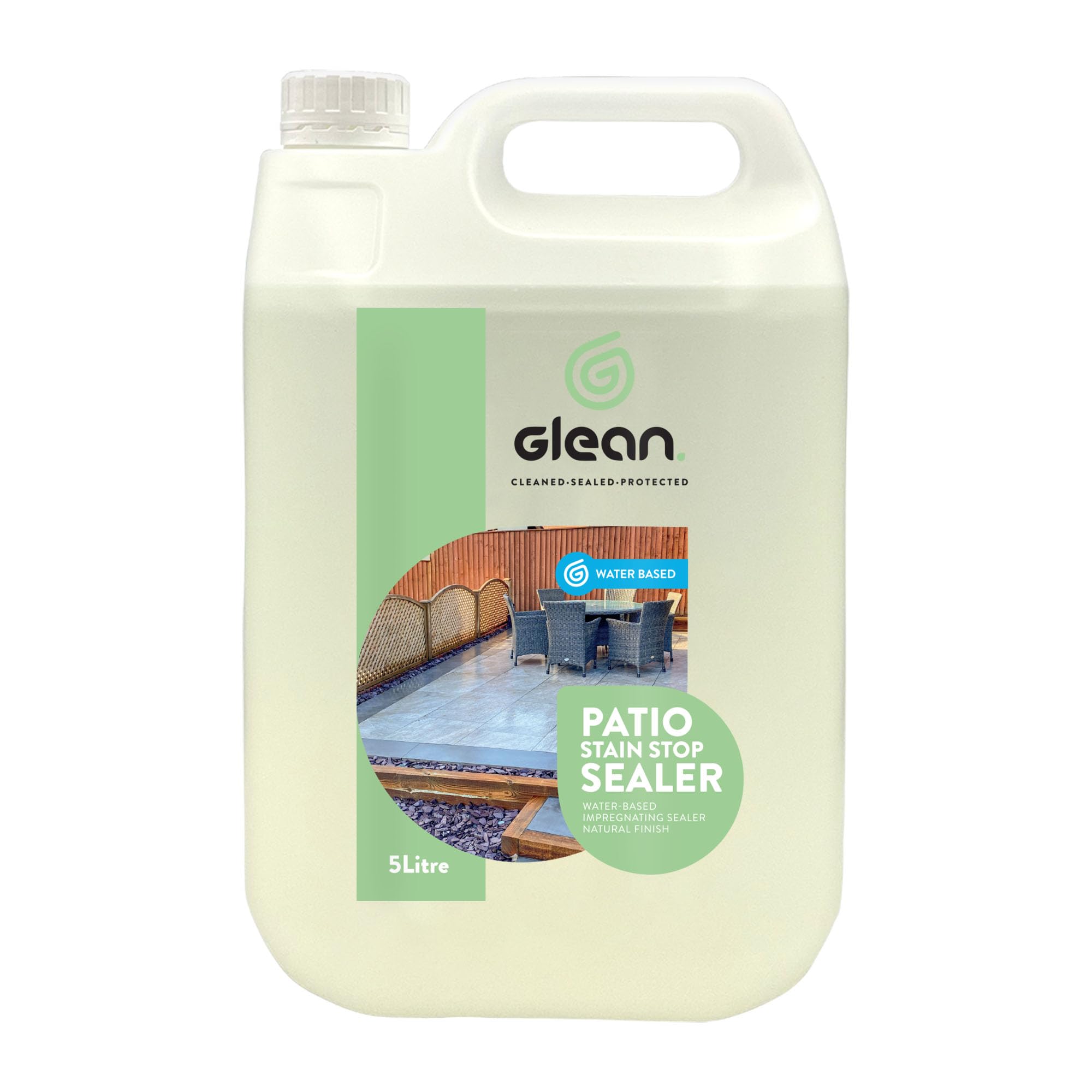 GLEAN Sellador antimanchas para patios | Sellador impregnante base agua | Patios y suelos de piedra natural | Protege contra aceite, grasa, suciedad, cal y manchas de agua | Acabado natural | 5 Litros
