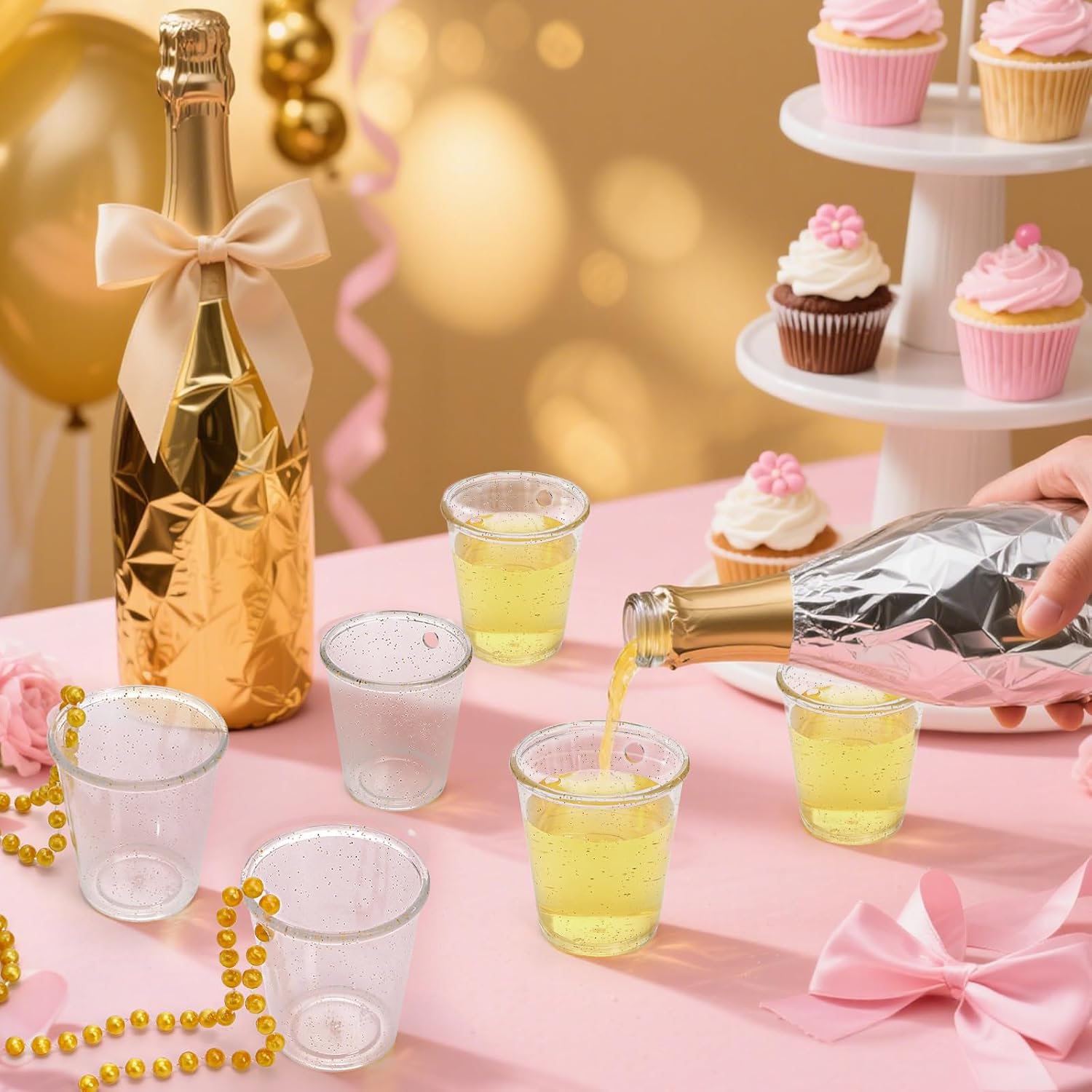 Cididu 24 Pack Shot Glass Necklaces, Clear Gold Shot Cups on Beaded for Bachelorette Party, Mini Plastic Reusable Adult Teens Party Favors Bulk for Wedding Graduation Birthday Tailgating Mardi Gras