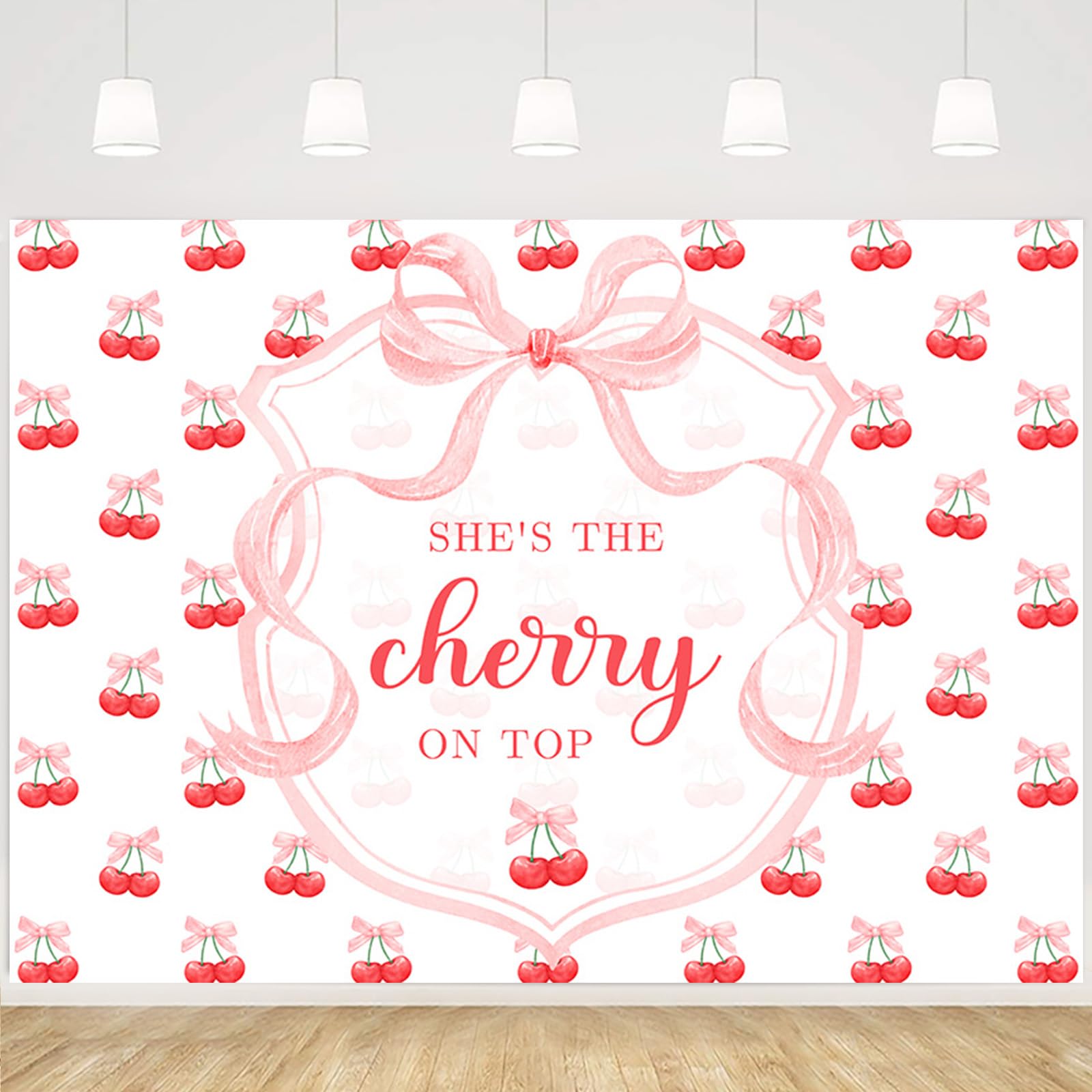 MEHOFOND 7x5ft She's The Cherry on Top Baby Shower Backdrop for Girl Cherry Theme Coquette Bridal Shower Decorations Pink Bow Party Decor Cherry Bride