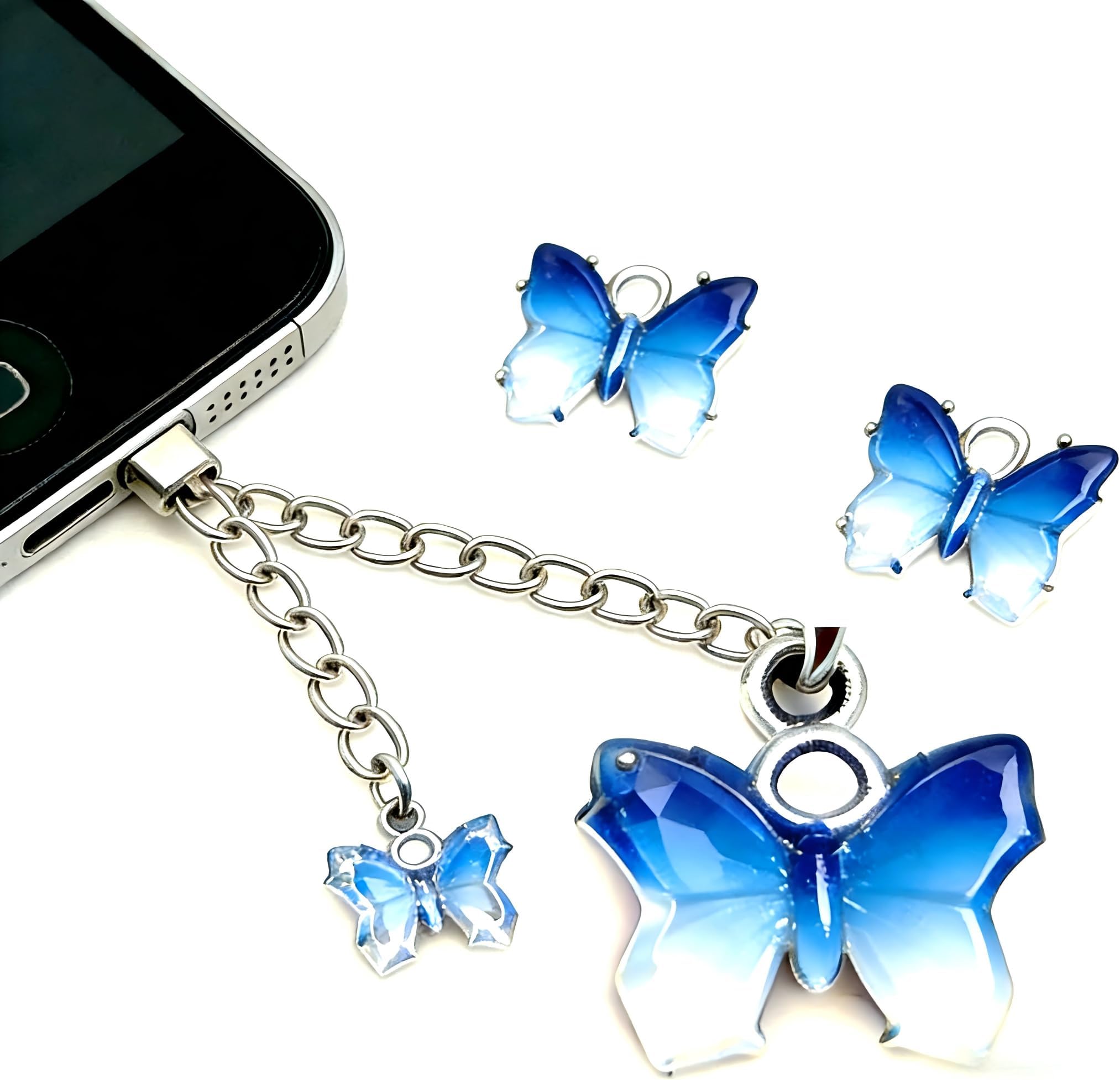3. Phone Charm Silver-white Light Brown and Light Blue Crystal Butterfly Breezy Fresh Cool Accessory for Casual Summer Mobile Styling PO246