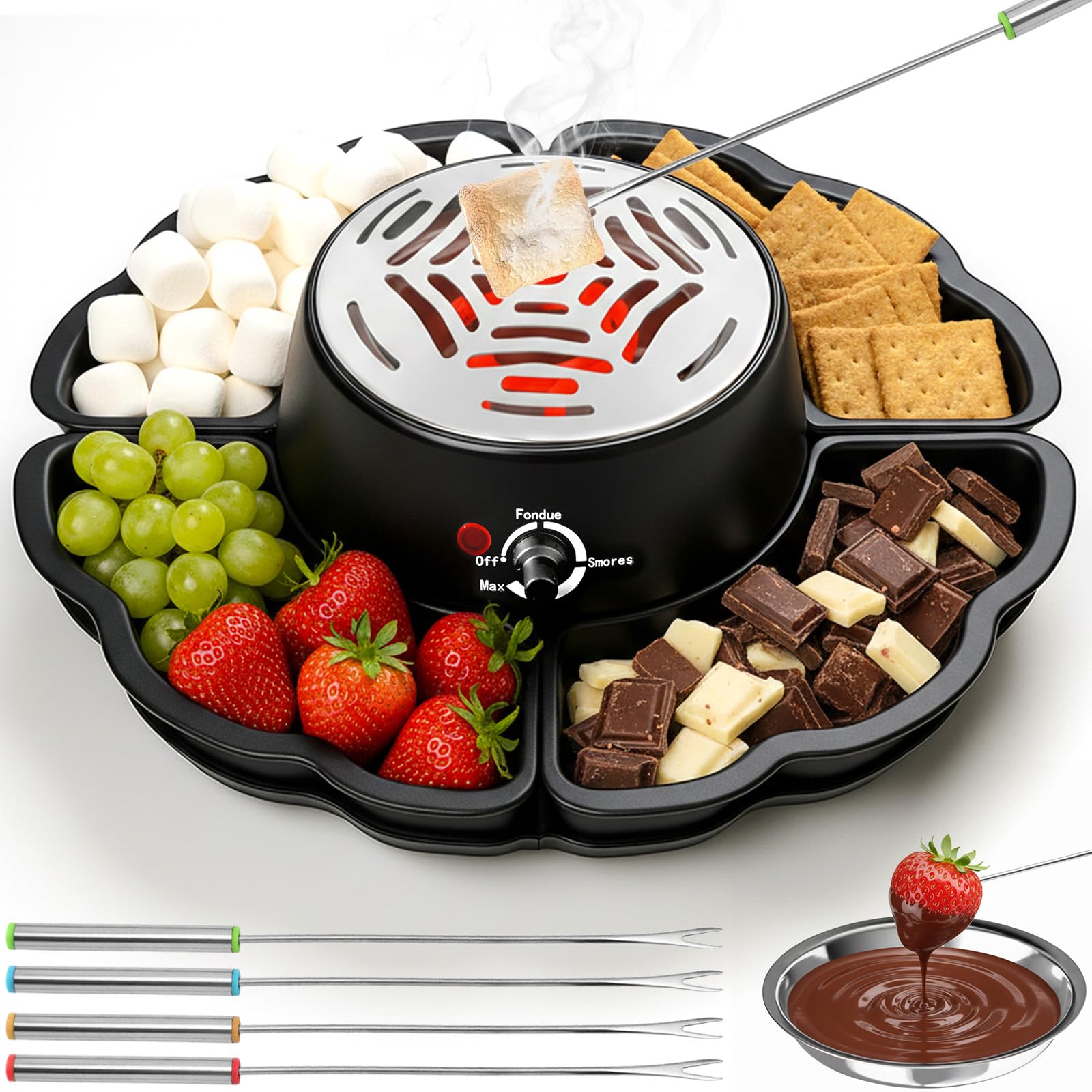 2-in-1 Smores Maker & Schokoladenfondue Set – S'Mores Set für Innenräume, Flammenloser Röster mit 4 Abnehmbaren Tabletts & 4 Grillgabeln, für Partys und Geschenke