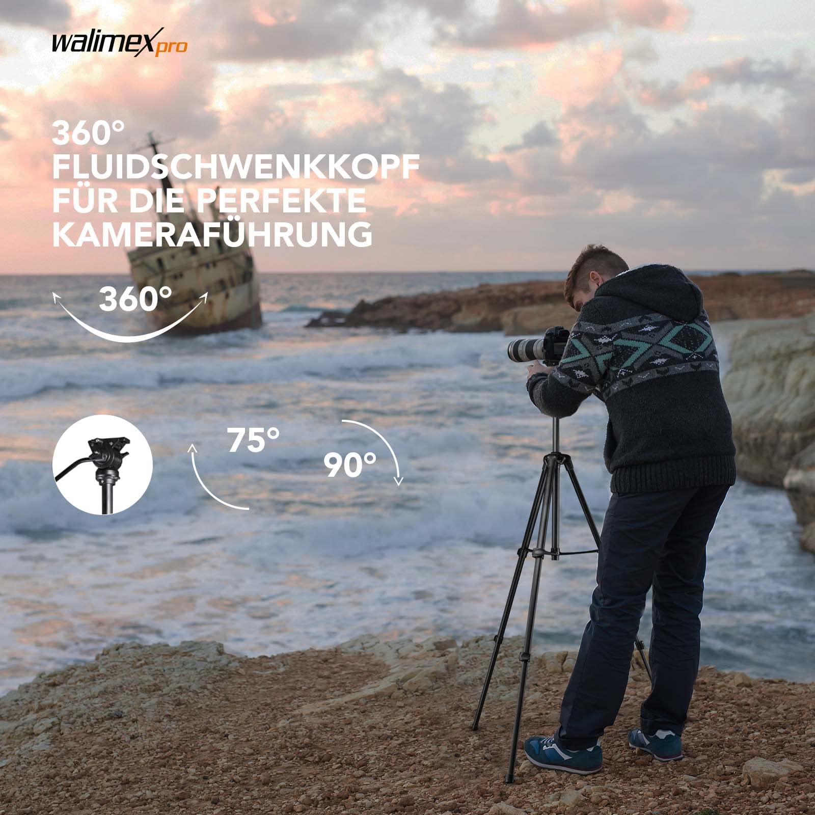Statyw wideo Walimex pro z uchwytem na smartfon i torbą I Zaawansowany, 173 cm, lekki i stabilny I 2-kierunkowa głowica obrotowa z funkcją panoramy 360° i blokadą obrotu I do lustrzanek cyfrowych