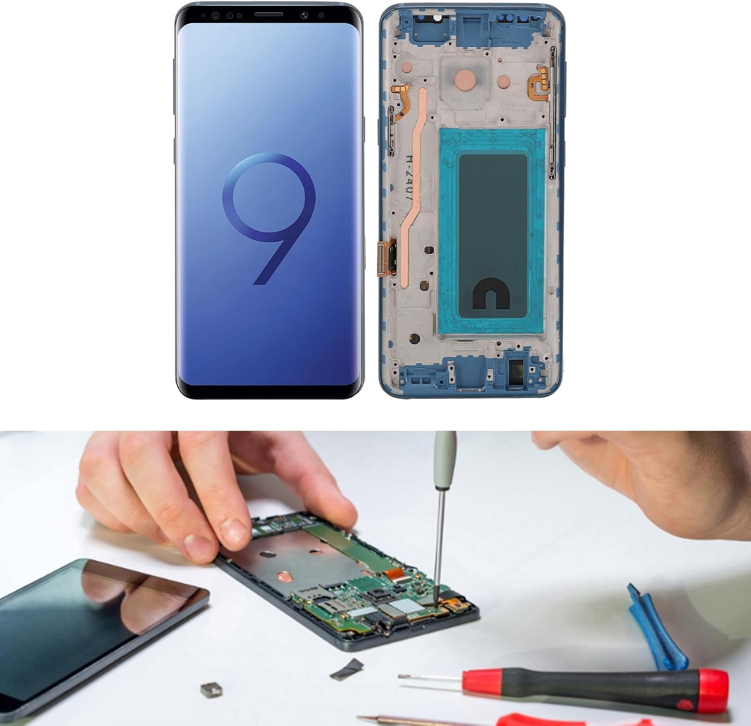 OLED LCD Screen Replacement, 5.8 Inch Touch Screen Digitizer Assembly with Frame and Repair Tool Kit for Smartphone (Blue)