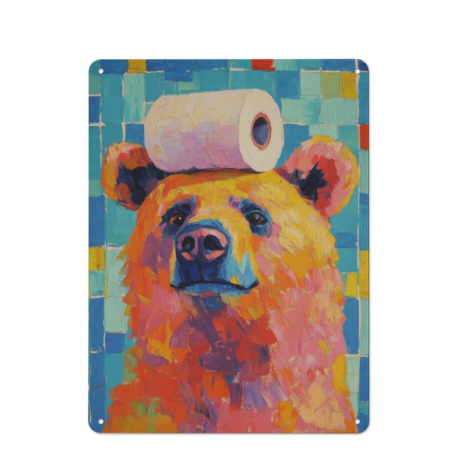 Junmoney Bear With Toilet Paper Printed Metal Sign 40X30cm For Hobby Room Or Studio, For Creative Interior Collectors