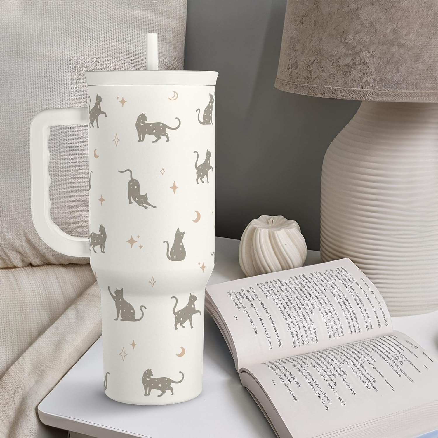 Regalo para los amantes de los gatos, gato mamá, vaso de acero inoxidable de 40 onzas con asa y pajita, taza de café de viaje para mujeres, regalo para cumpleaños, Navidad
