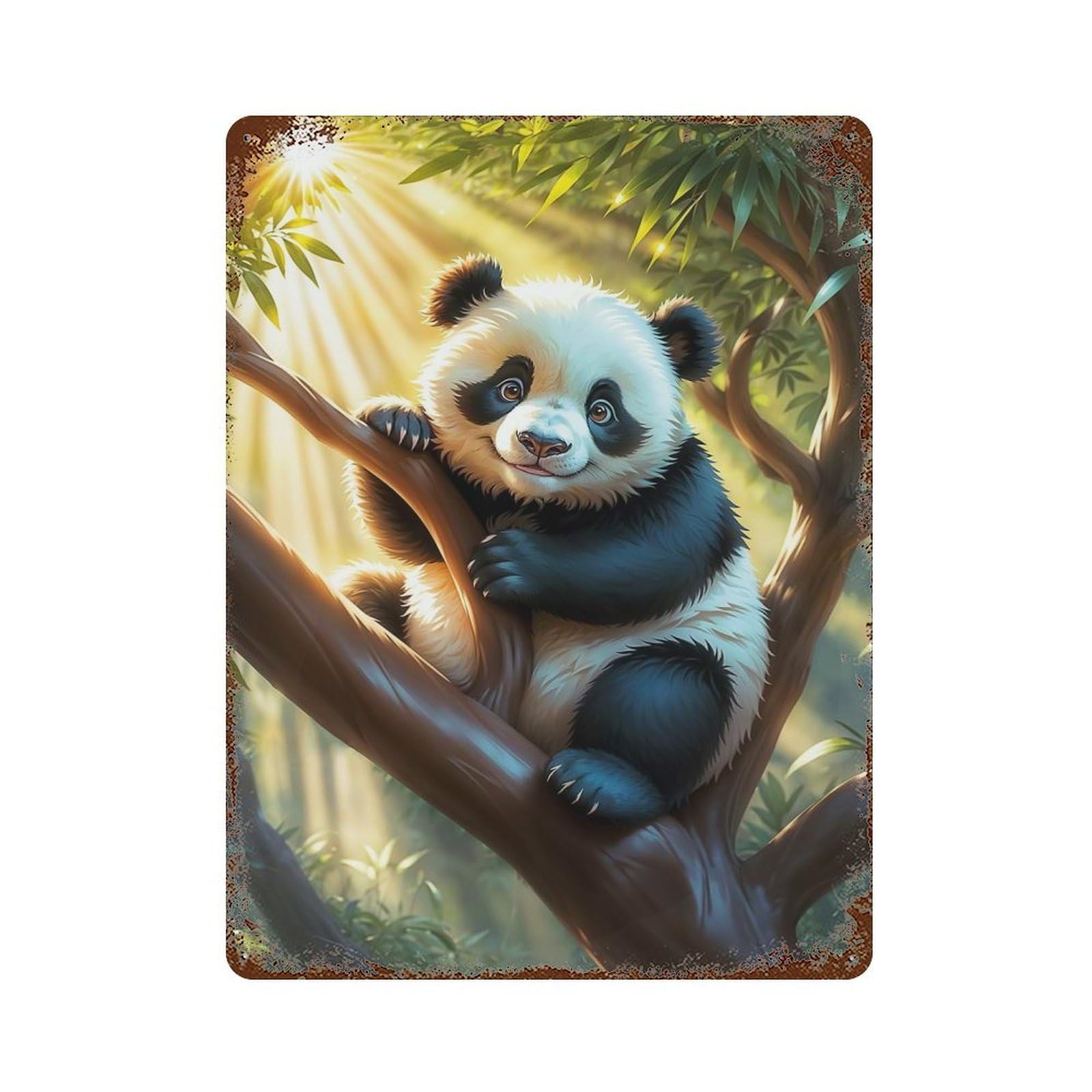 Cute Panda in Tree Vintage Wall Sign 15.7"x11.8", Rust Effect Metal Decor for Cafe, Home Bar And Lounge Decor