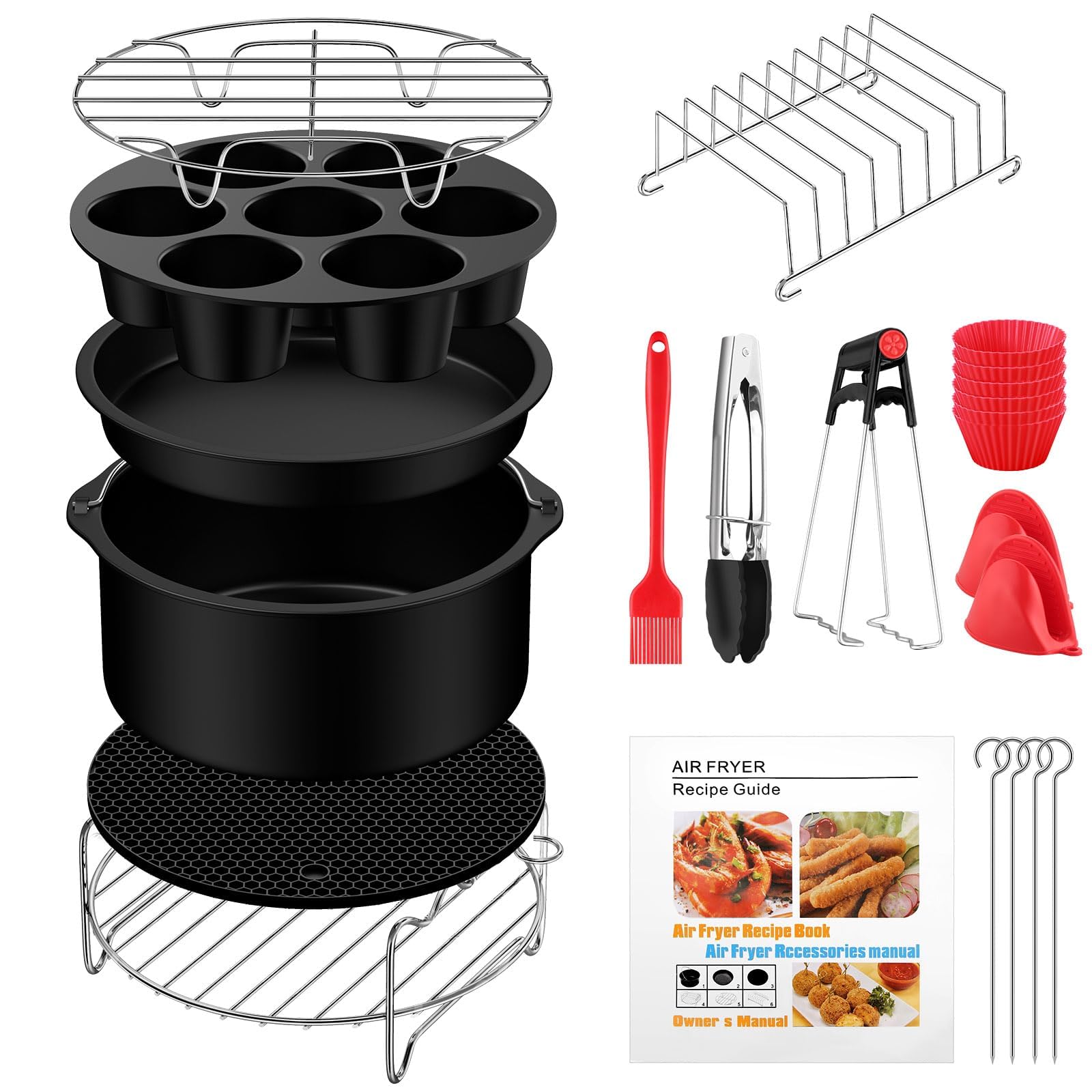 JiGiU Heißluftfritteuse Zubehör Set 13-IN-1 für 8 Zoll Airfryer Zubehörset BPA-Frei, geeignet für Luftfritteusen mit Durchmesser von über 20cm, inkl Kucheneimer Silikonmatte Backpapier uzw.