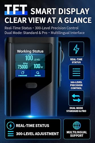 Miniatura 5 de Eliminación instantánea del polvo plumero eléctrico de aire de 130000 RPM, motor de 1.575 in, batería de 8000 mAh y carga rápida de 30 W, pantalla