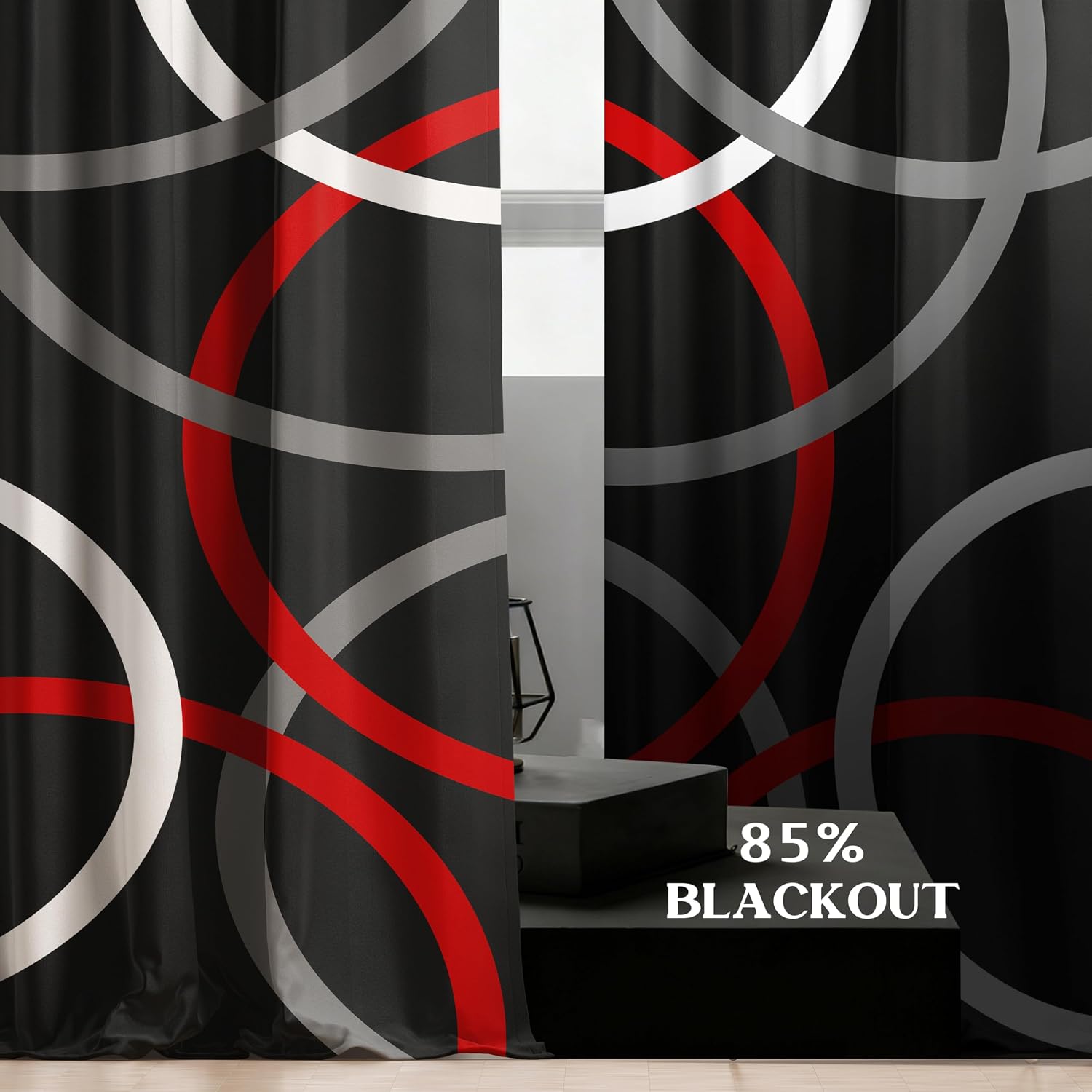Red and Black Geometric Curtains for Bedroom Living Room Modern Black Grey Blackout Curtain Abstract Circle Pattern Window Drapes, 42x84 Inches,2 Panels