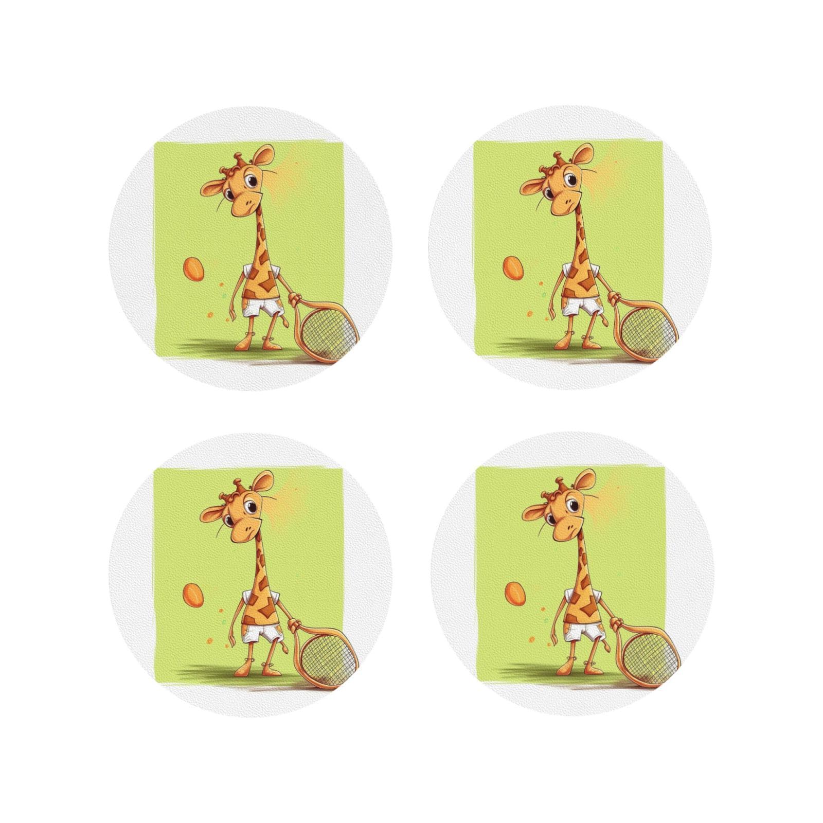 4pcs Drink Coasters for Tabletop Protection, 4" Leather Coasters for Drinks, Giraffe Playing Tennis Cup Coasters for Coffee Table Decor, Non-Slip Drinking Cup Mat for Hot Or Cold Drink
