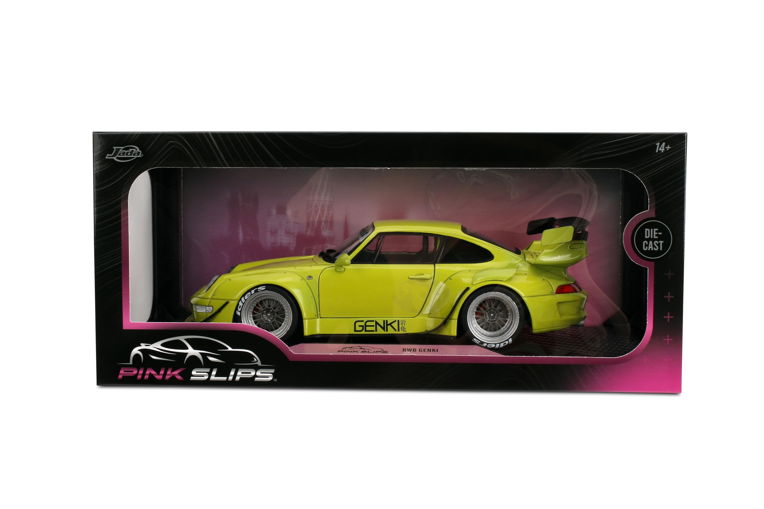 Modellino auto pressofuso in scala 1:18 compatibile con Porsche RWB Genki Yellow Jada Pink Slips 36472