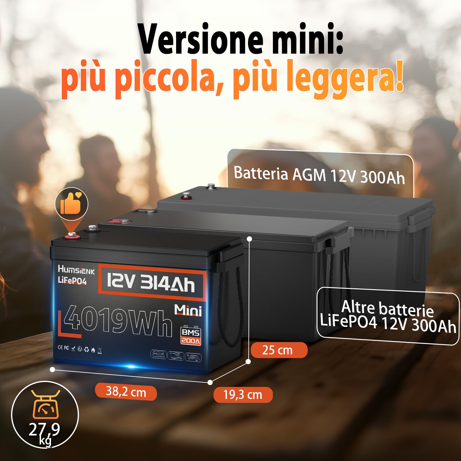 Humsienk Batteria LiFePO4 12V 314Ah Mini, 4019Wh batteria litio 300ah(314Ah) con BMS 200A, Protezione Bassa Temperatura, 15000 ciclo profondo, Ideale per camper, energia solare e barche
