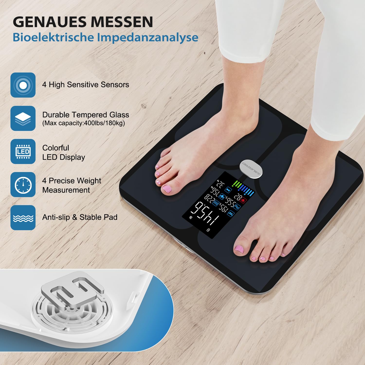 ABLEGRID Wiederaufladbar Körperfettwaage, LED Personenwaage Digital Mit Körperfett Und Muskelmasse Körperfettanalyse, 16 Messungen Der Körperzusammensetzung BMI, Herzfrequenz, 180kg, Schwarz