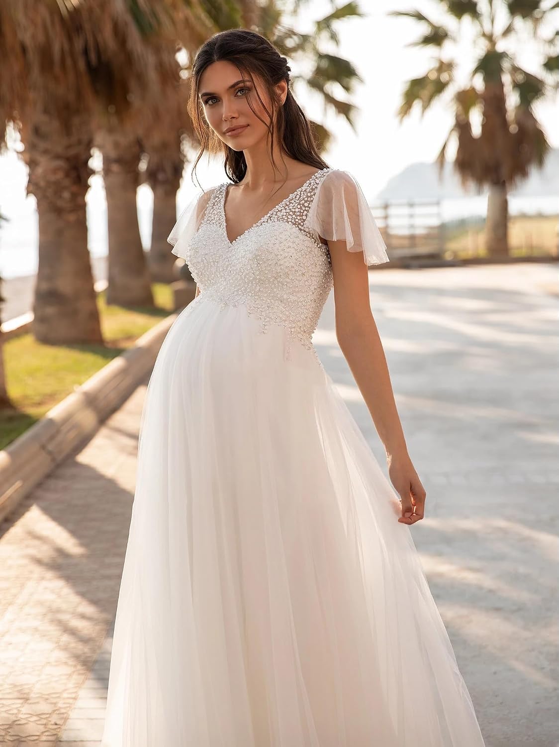 Women's Tulle Beading Maternity Wedding Dresses for Bride 2025 V Neck Pregnant Bridal Dress Photoshoot Gown LZY861