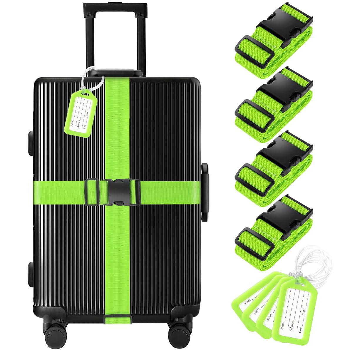 8 Pack Luggage Straps and Tags Set - 4 Straps, 4 Tags, TSA Approved Suitcase Belt, Green