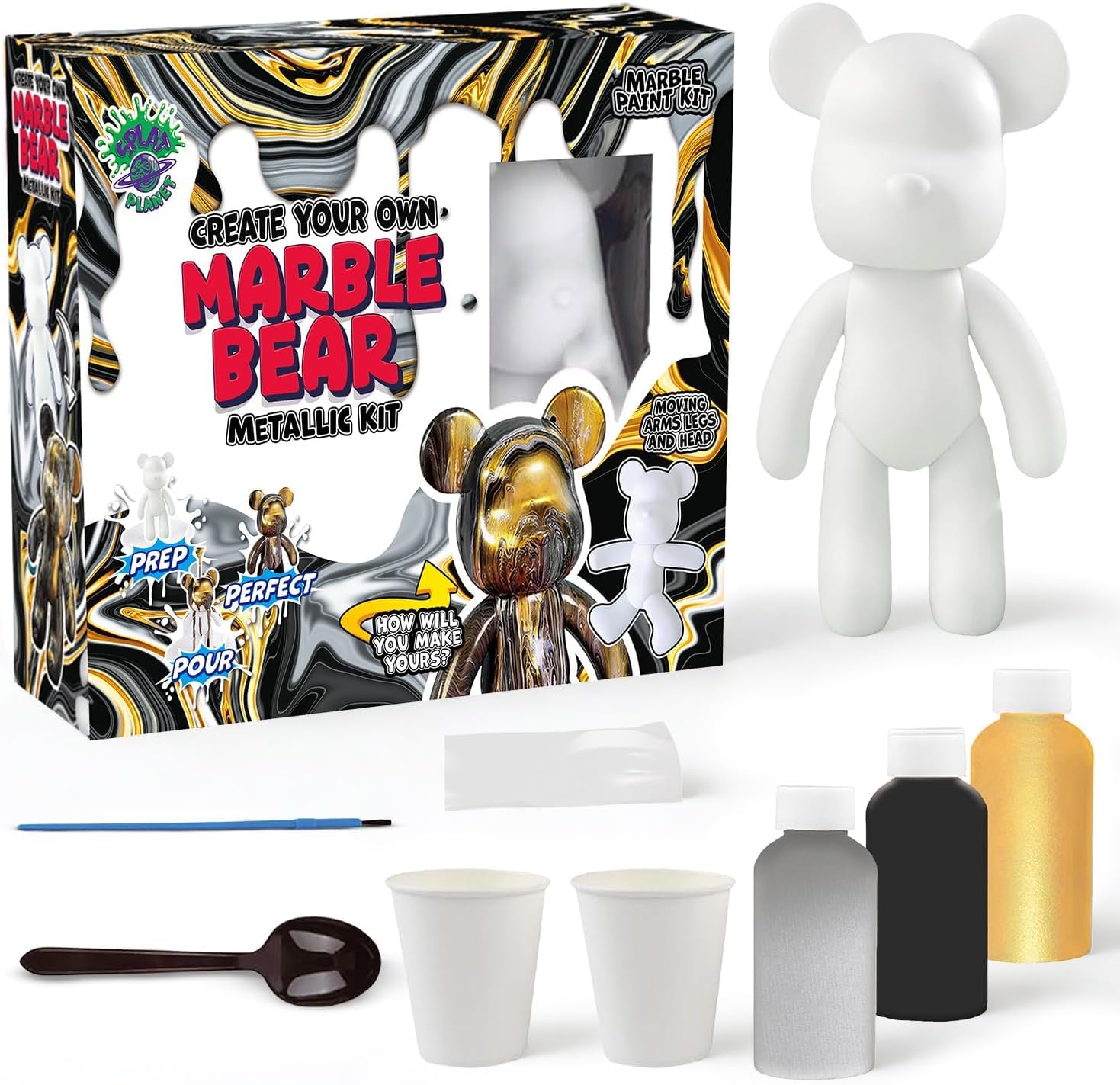 Splat Planet DIY Fluid Marble Bear Kit – Acrylic Paint Pouring Set for Kids & Adults Drip Art Craft Kit & Creative Gift Paint Your Own Marble Effect Bear (Metallic.)