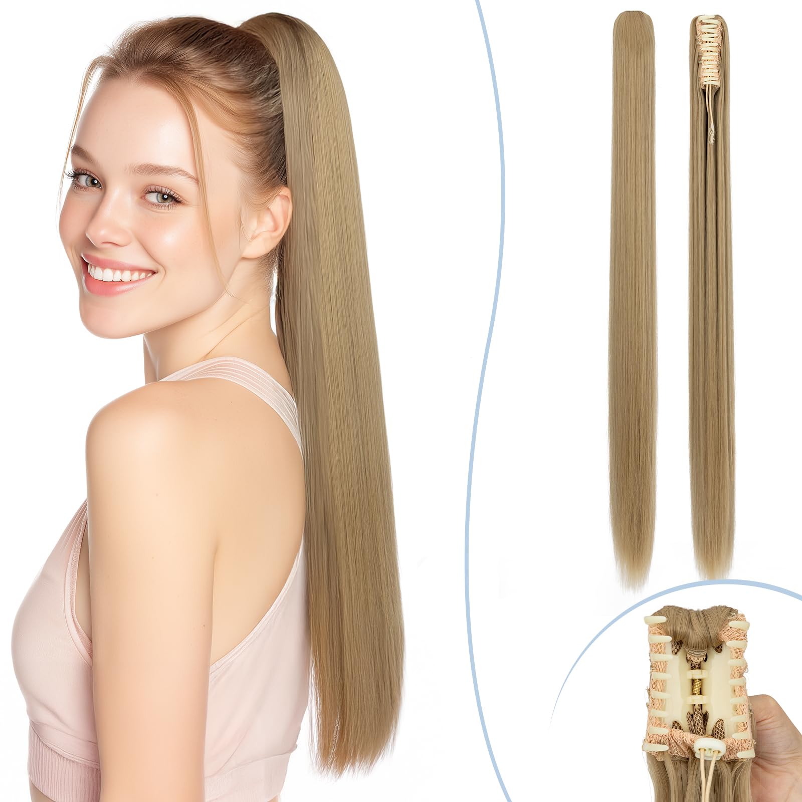 SEGO Claw On Ponytail Extension 26 Inch Long Straight Synthetic Hairpiece Clip In Pony tail, Ash Blonde