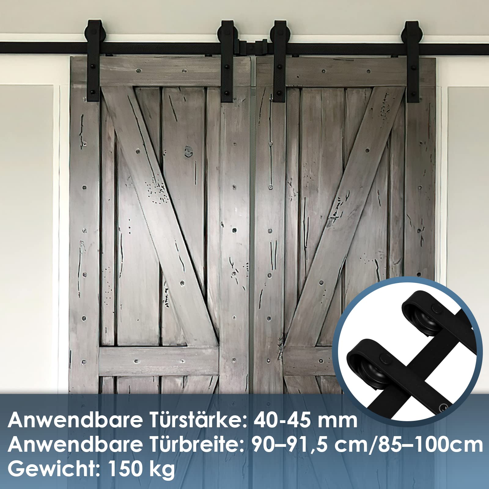 Jopassy Schiebetürbeschlag Set, Schiebetürsystem 152cm 150kg Hängeschiene für Holztür Rechteck