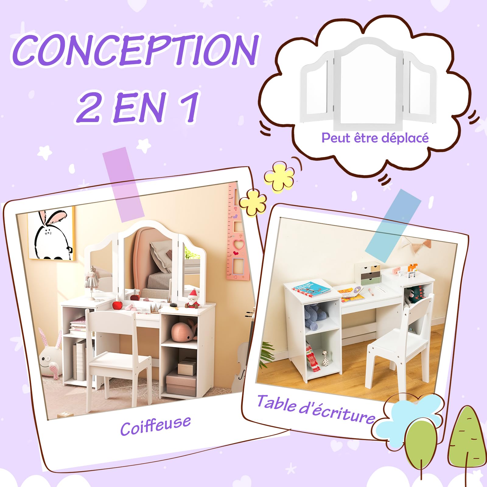 DREAMADE 2 en 1 Coiffeuse Enfants Fille avec Tabouret,Table de Maquillage Princesse avec Miroir Triptyque Amovible,4 Étagères Ouvertes (Blanc+Tabouret)