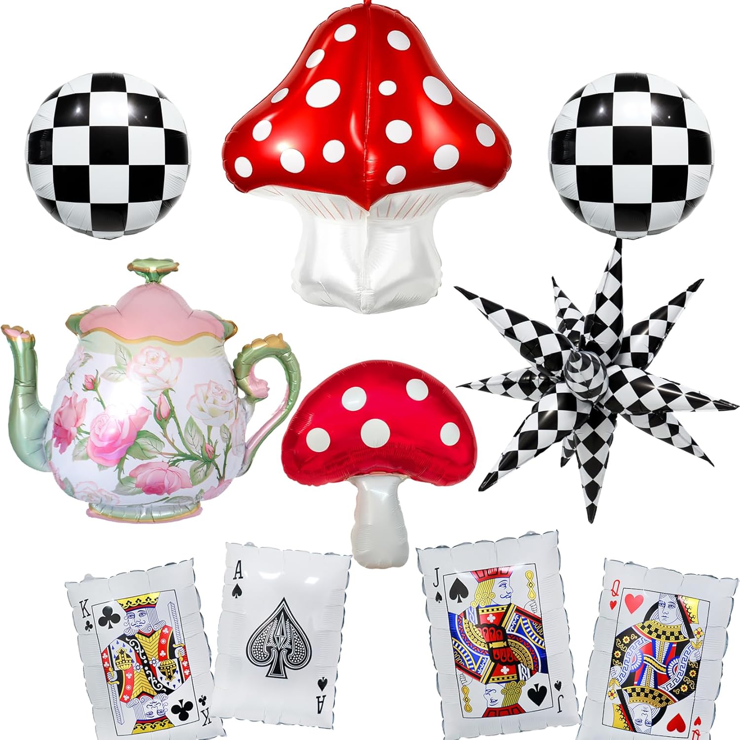 Whimsical Tea Party Decorations,4D Mushroom/Playing Card/Teapot/Checkered Foil Balloons For Alice Party Decor,Fairy Party Balloons,Onederland 1st First Birthday,babyshower decor