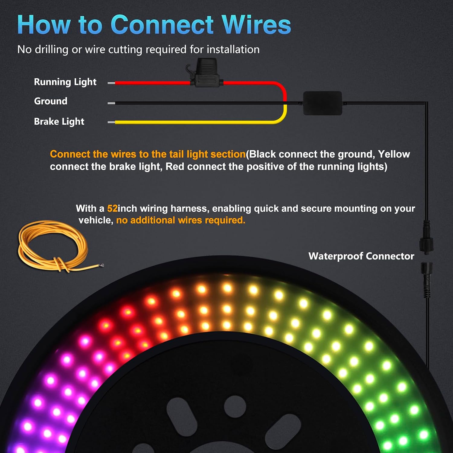 RGB Spare Tire Brake LED Light for Jeep Wrangler 2007-2018 JK JKU & 2018+ JL JLU, RGB Running Light + Red 3rd Third Brake Light LED Wheel Light High Mount Rear Tail Stop Light Accessories