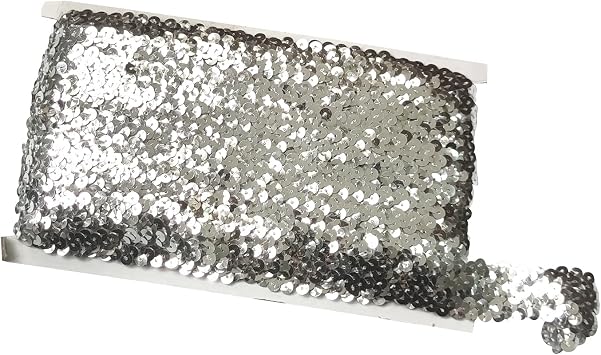 10 Yards 1 inch Elastic Sequin Glitter Trim Spool String Metallic 3-Row Fabric Paillette Ribbon Trim for Wedding Dress Embellish Headband Silver