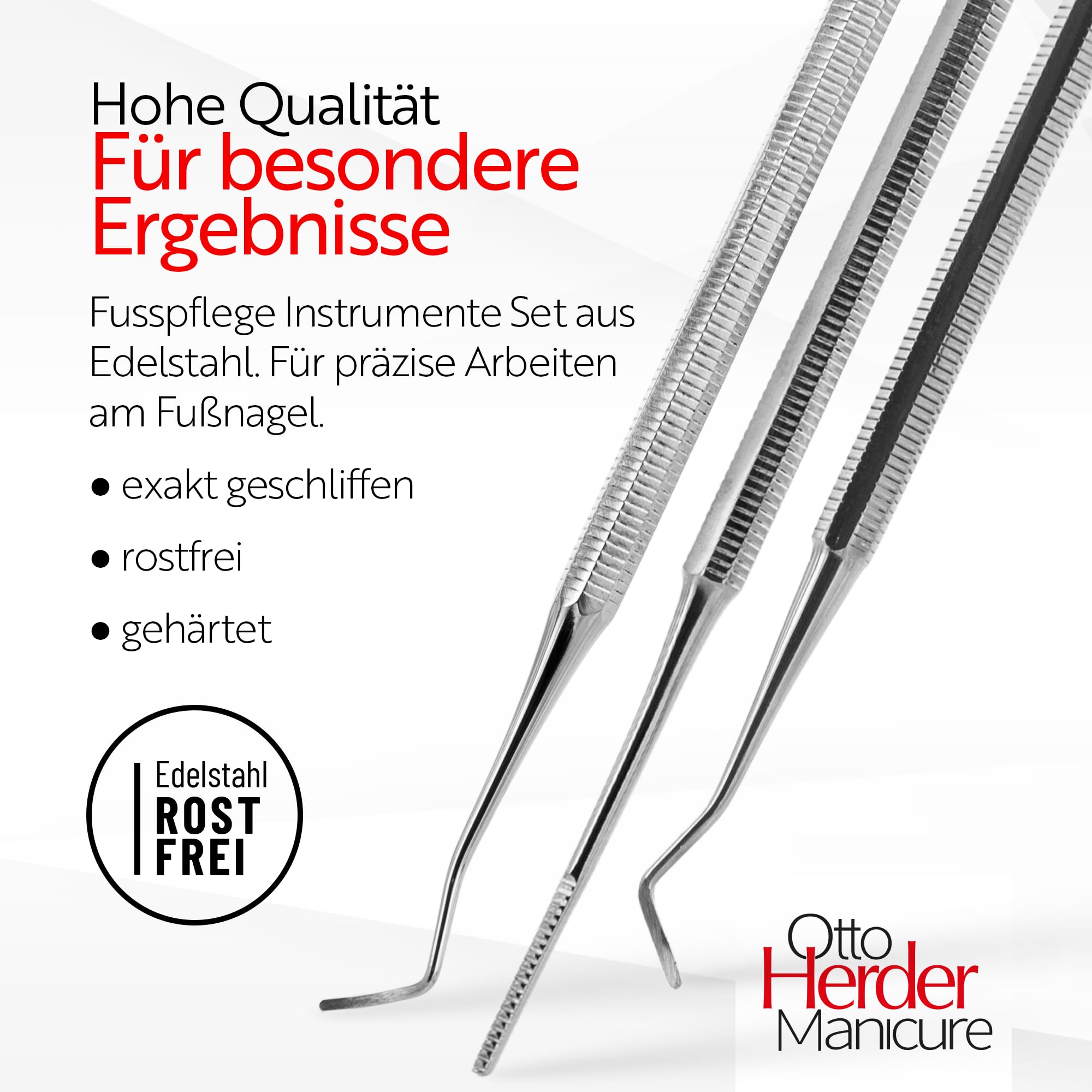 OTTO HERDER FUSSPFLEGE INSTRUMENTEN SET - 3-Teiliges Instrumenten Set 2x Eckenheber 17cm und 12,8 cm Eckenfeile 15cm mit gerade/gebogenem Ende