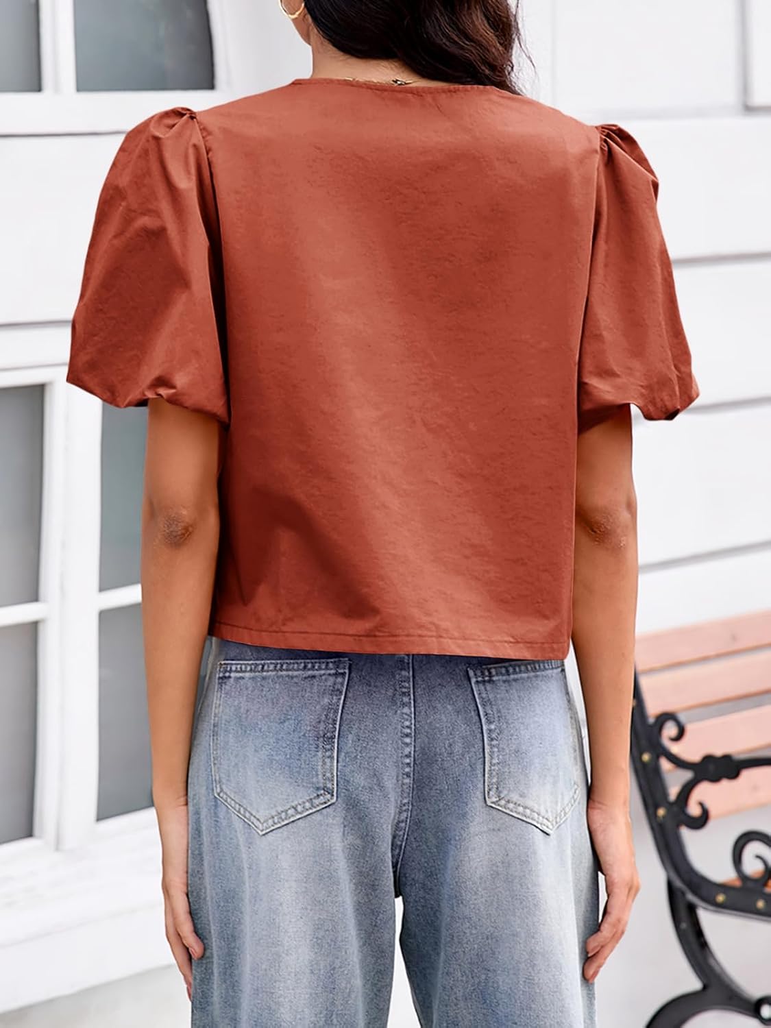 Tankaneo Womens Cropped Tops Puff Sleeve Button Down Shirts Trendy Casual Loose Fit Cute Blouse - Image 5