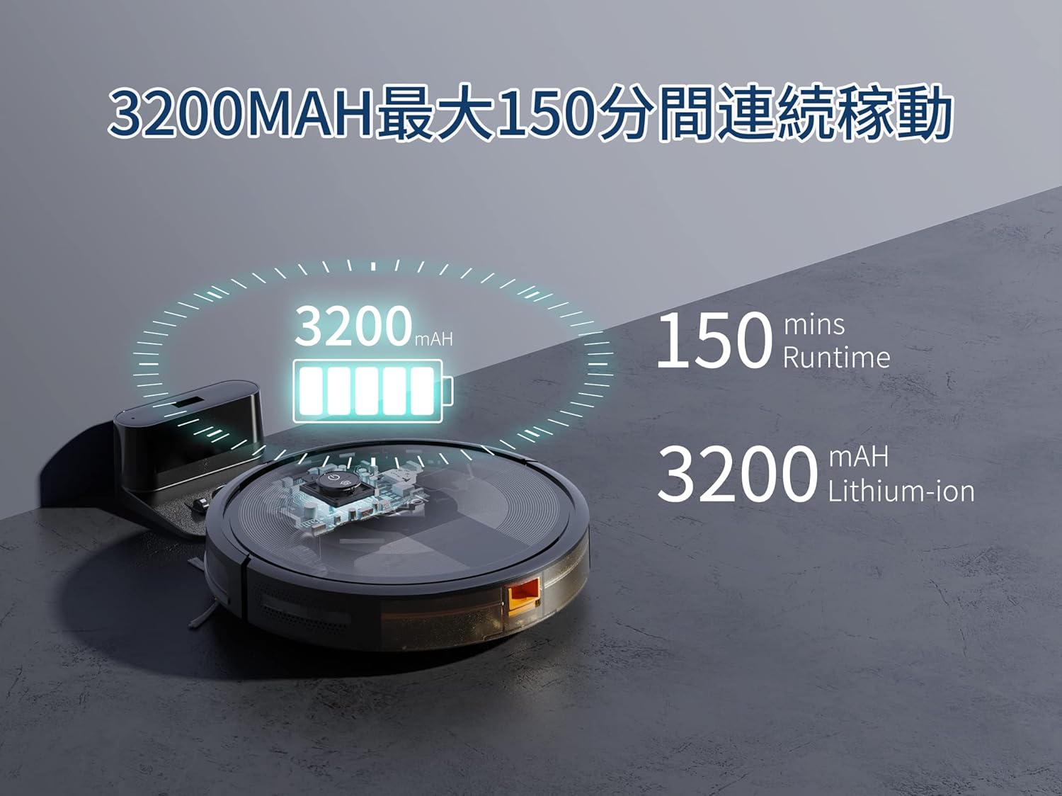 Kyvol E25 Robot Vacuum Cleaner showing 3200mAh battery and 150 minutes runtime