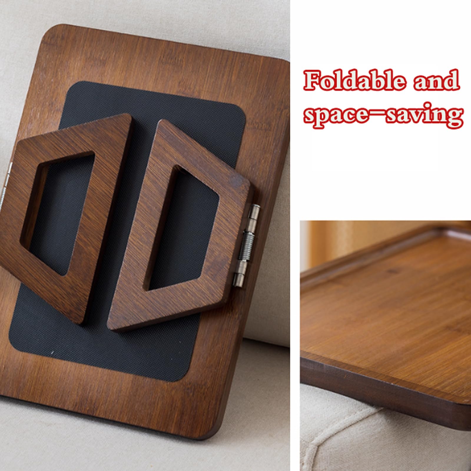 Bandeja plegable para brazo de sofá, con clip, antideslizante, soporte de madera para ahorrar espacio, con respaldo para revistas y drin (negro)
