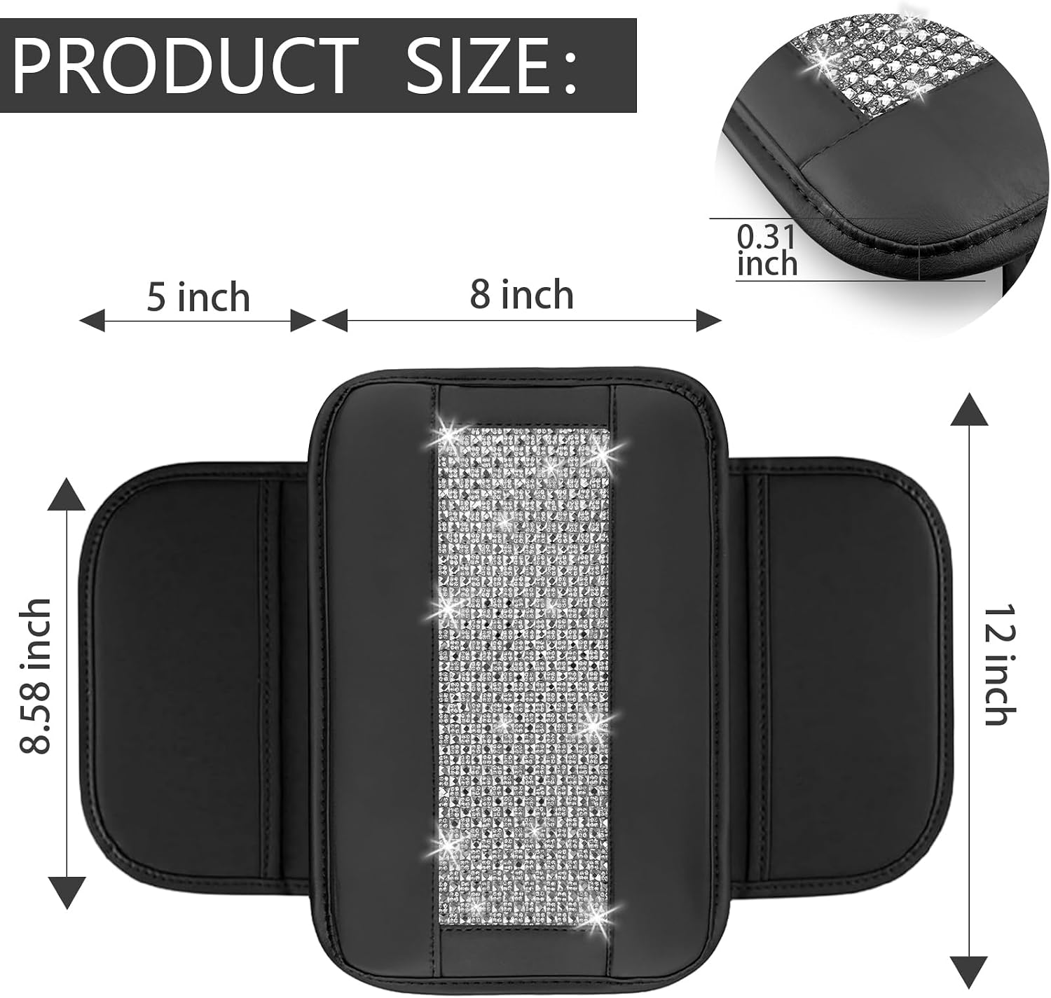 NBTEPEM Bling Car Armrest Cover, Universal Microfiber Leather Center Console Cover with 2 Pockets, Rhinestone Car Armrest Cushion Protector, Bling Accessories Interior (Silver Diamond)