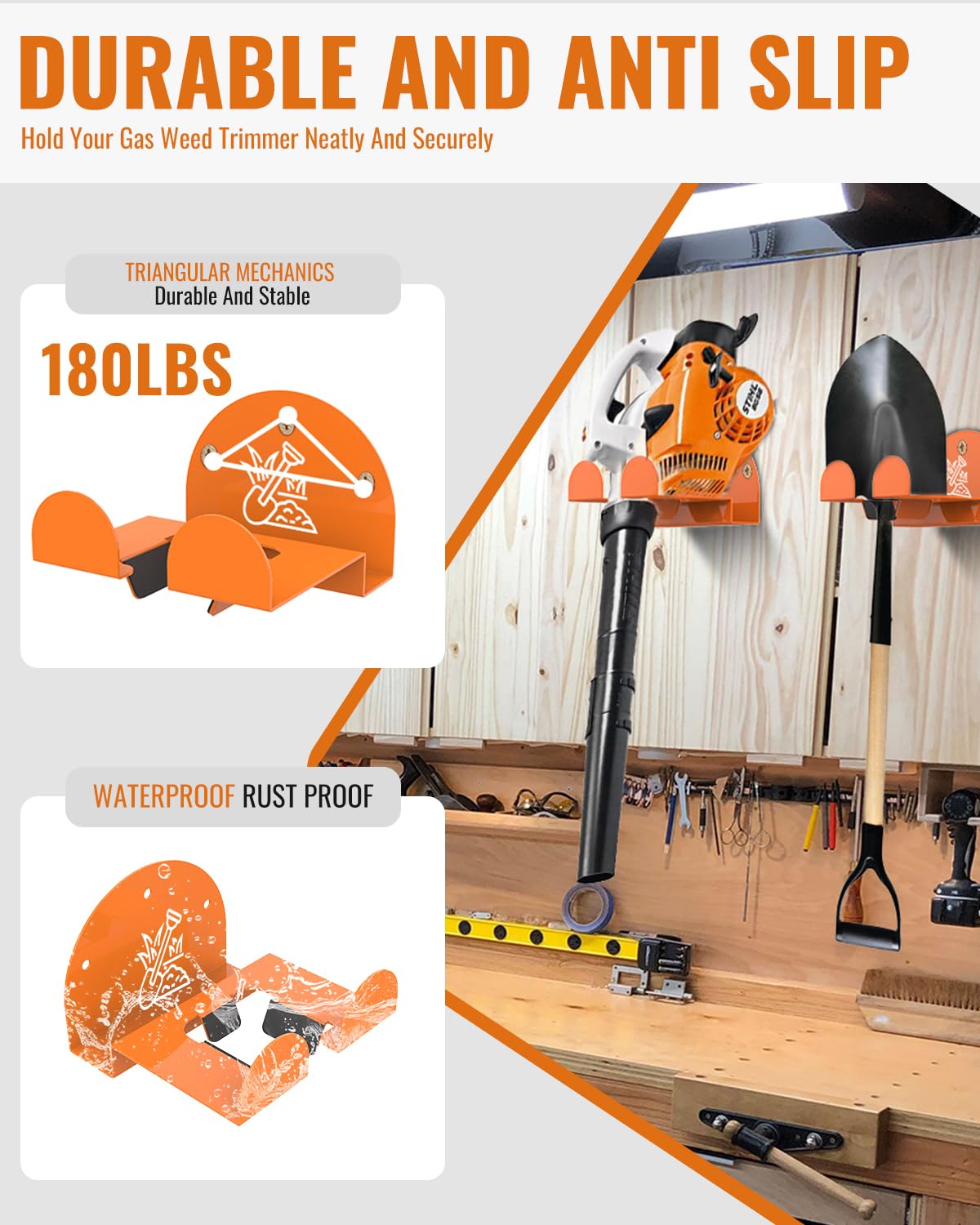 Weedeater Rack & Garden Tool Hanger – Paquete de 4 – Juego de montaje en pared de aleación de acero resistente de 180 libras, para herramientas eléctricas Stihl, recortadora de césped, herramientas de