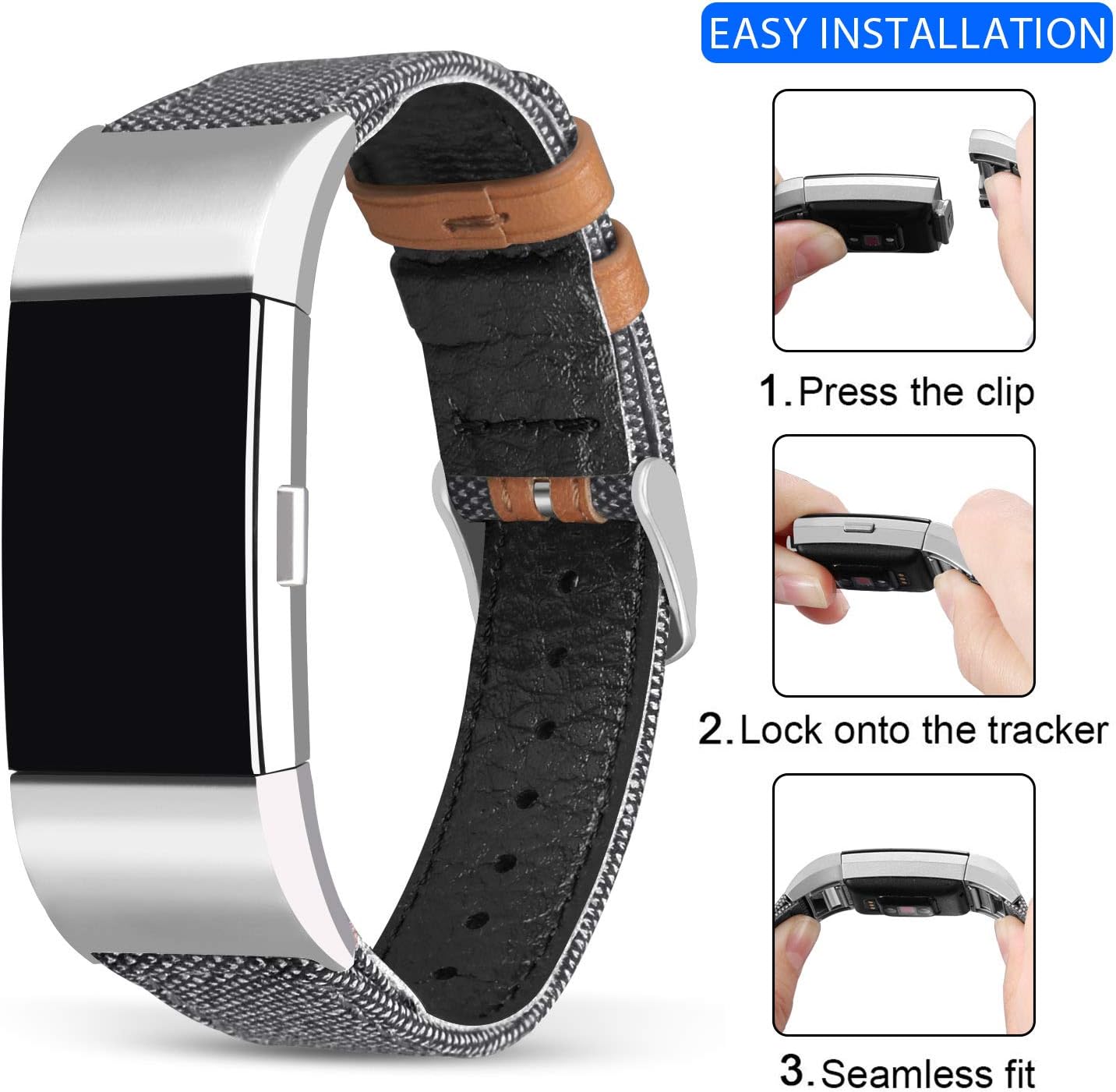 Jobese Compatible with Fitbit Charge 2 Bands, Classic Canvas Fabric with Genuine Leather Replacement Wristbands Compatible with Fitbit Charge 2 Bands for Men Women, Gray