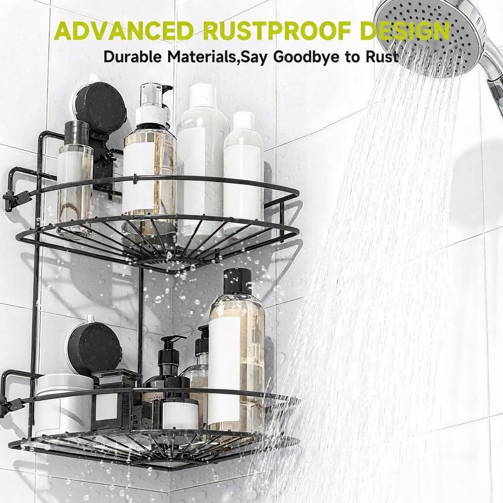Shower Caddy Suction Cup, 2 Pack Suction Shower Shelf, NO-Drilling Bathroom Holder, Rustproof Bathroom Organizer for 90° Wall Corner, Black