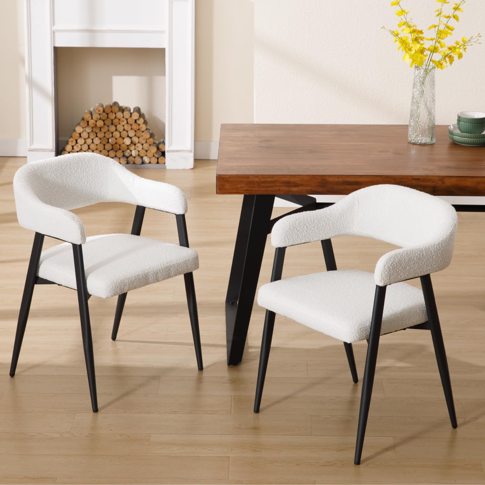 LukeAlon Modern Dining Chairs Set of 2, Sherpa Open Back Dining Room Chair with Black Metal Legs Upholstered Side Chairs Comfy Reception Chair for