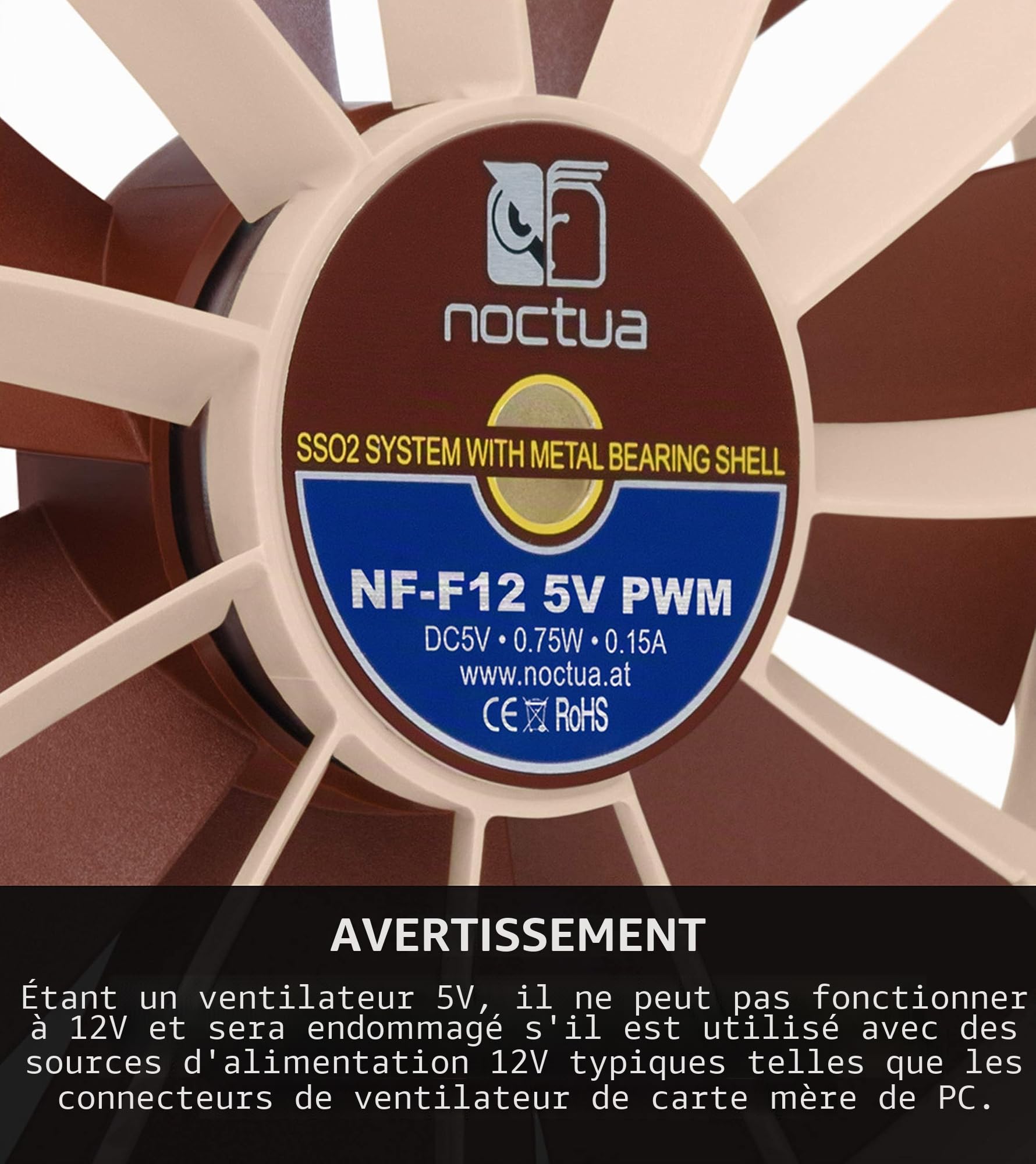 Noctua NF-F12 5V PWM, Ventilateur Silencieux Haut de Gamme avec Câble d’Adaptation USB, 4 Broches, Version 5V (120 mm, Marron)