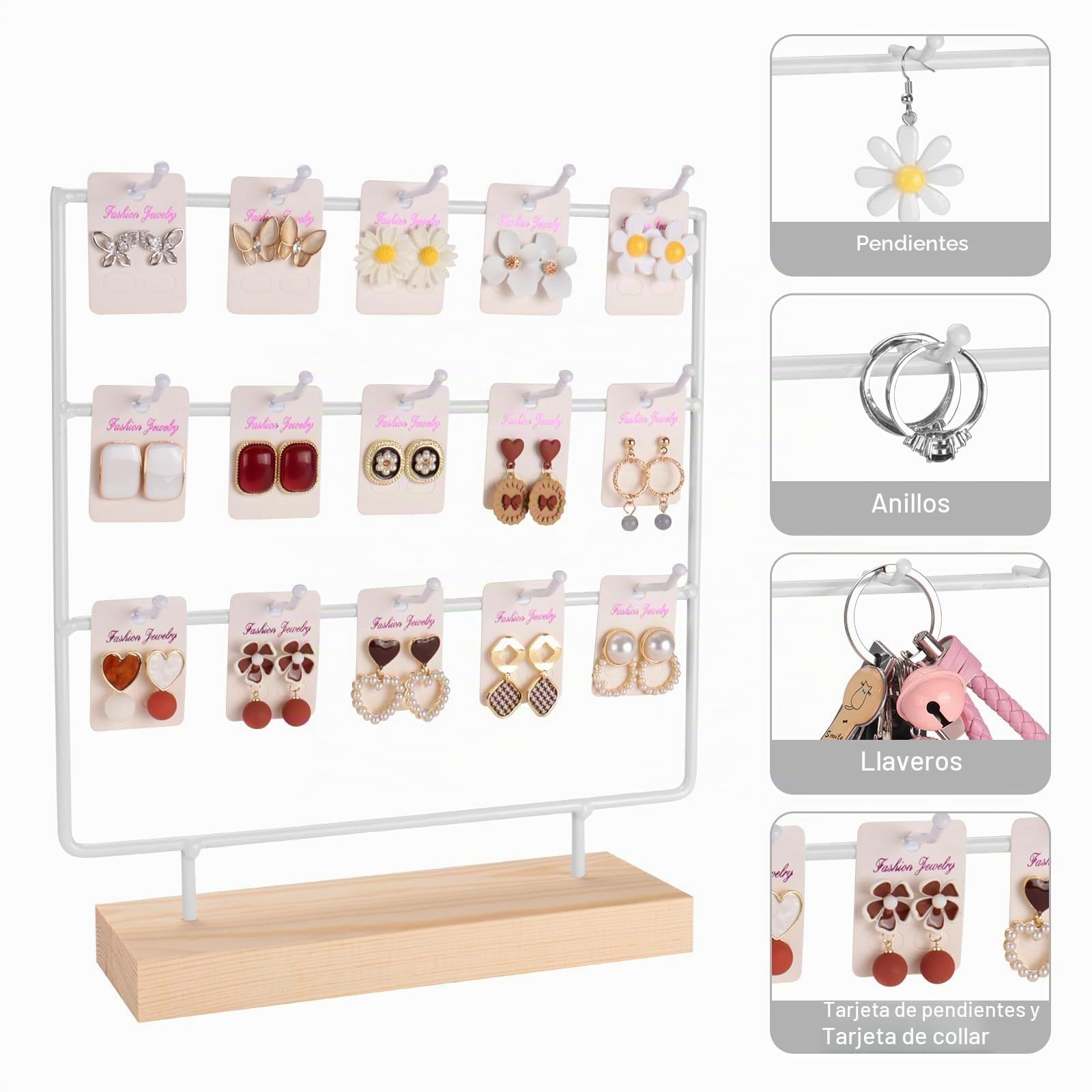 Organizador Pendientes, Metal Colgador Pendientes, Expositor Pendientes con Base de Madera (3 Niveles, 15 Ganchos, Blanco)