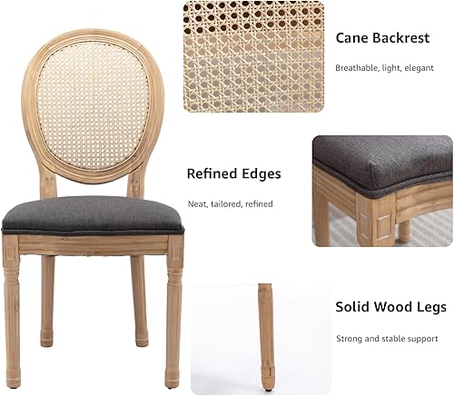 Miniatura 5 de Juego de 2 sillas de comedor de campo francés, sillas de comedor de ratán con respaldo de caña gris con asiento tapizado de lino, patas de madera