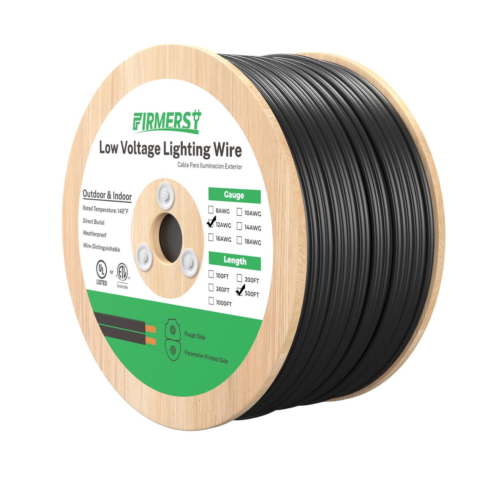 FIRMERST 12/2 Low Voltage Landscape Wire Outdoor Lighting Cable 500 Feet, 12 Gauge 2 Conductor