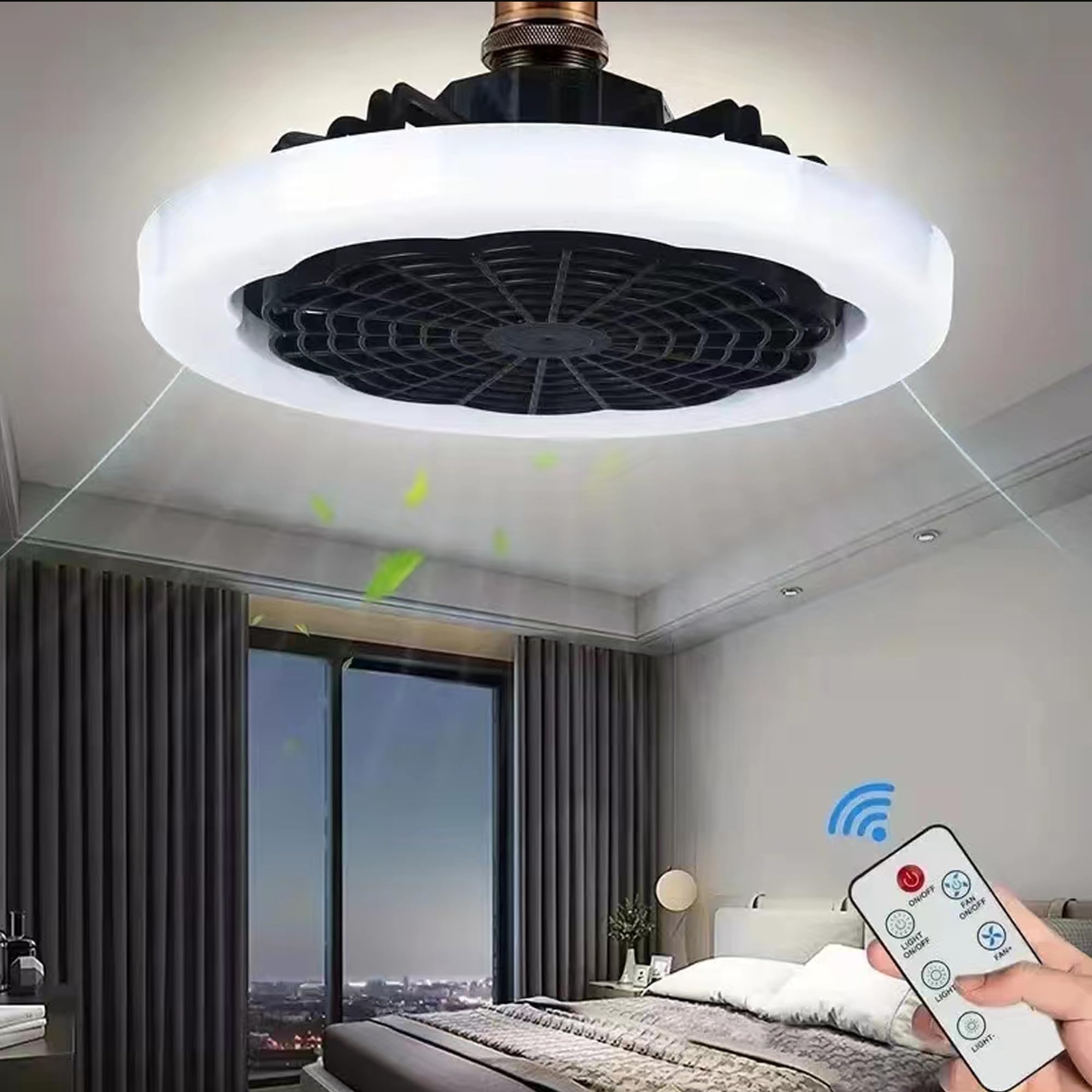 Upfelw Bladeless Socket Ceiling Fan With Light – Screw-in Dimmable LED Fixture, Remote Control, White