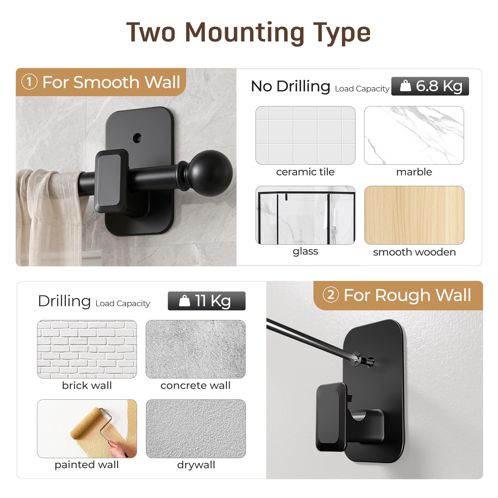 Gardinenstange ohne Bohren, Ø 16 mm, 81-183 cm, ausziehbar | Adhesive brackets, wall mount only, renter friendly, for apartments & dorms, no drill, easy setup