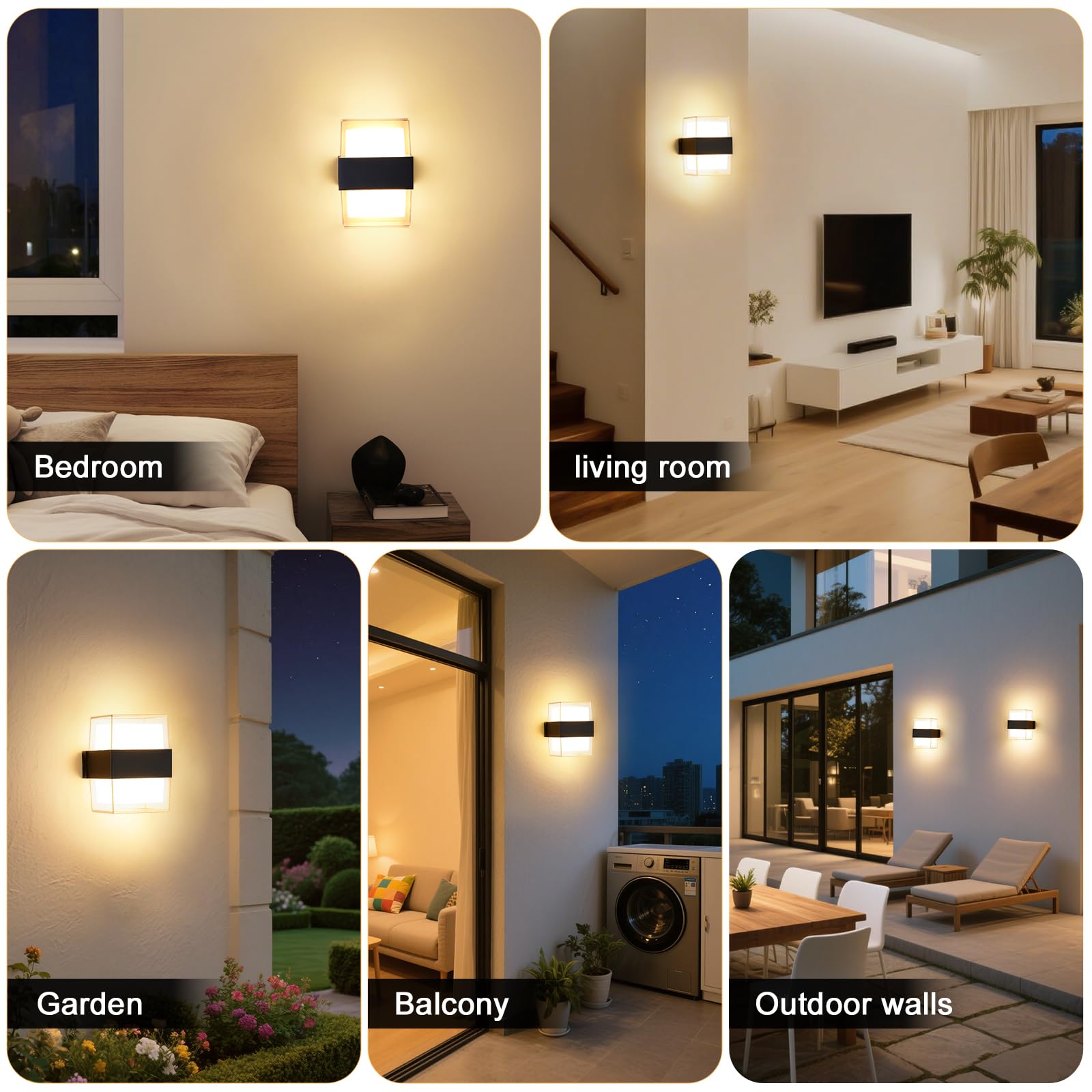 12W Applique da Parete LED Interno, IP65 Lampada da Esterno a Parete Moderna, 1200LM 3000K Up-and-Down Illuminazione, Luce Bagno da Muro per Soggiorno, Camera da Letto, Balcone, Nero 2 Pezzi