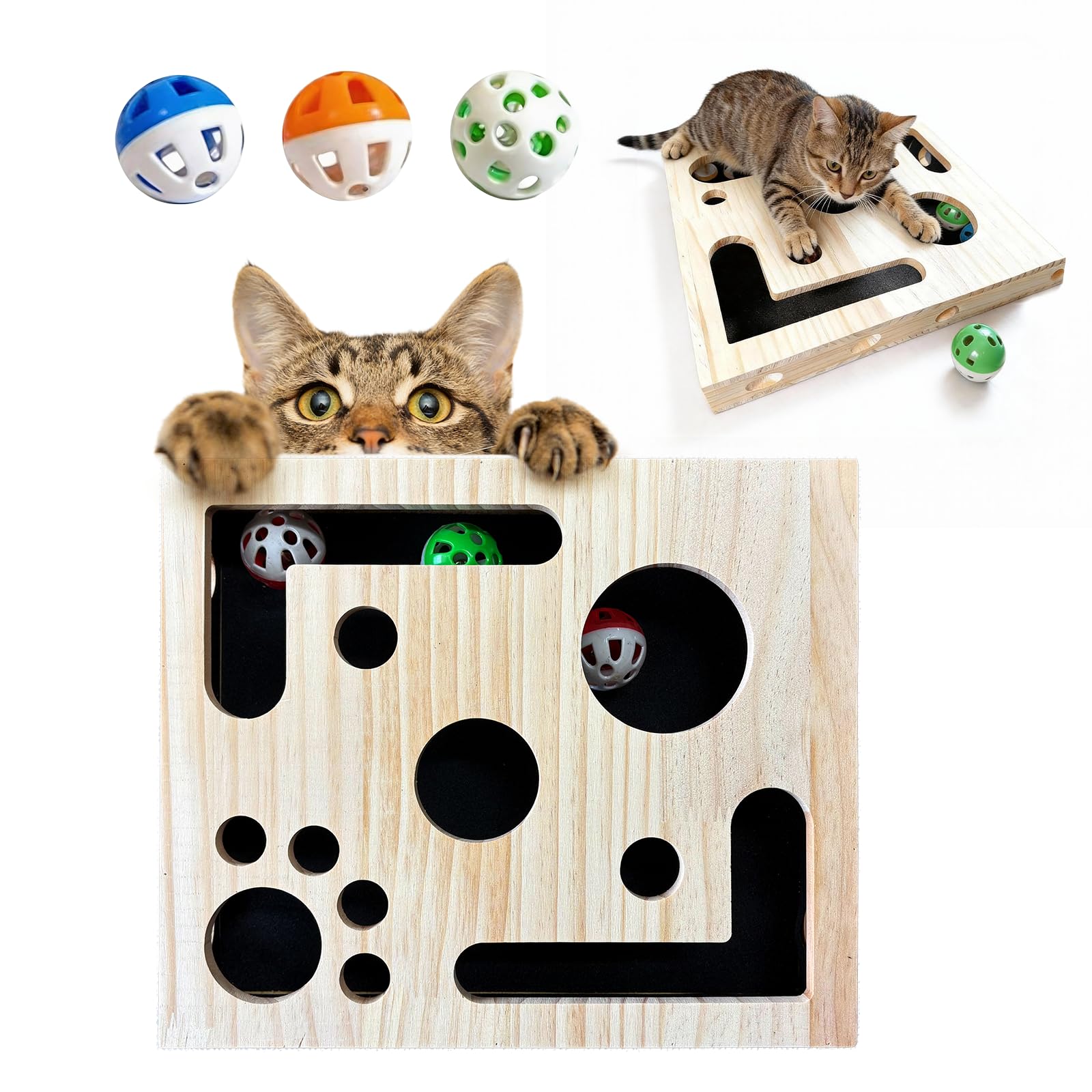 Cat Nail File & Scratch Puzzle Enrichment Box - 2026 Interactive Wooden Maze Toy for Indoor Cats, Mental Stimulation Boxes with Sandpaper and 3 Bell Balls for Stress-Free Alternative to Trimming Nails